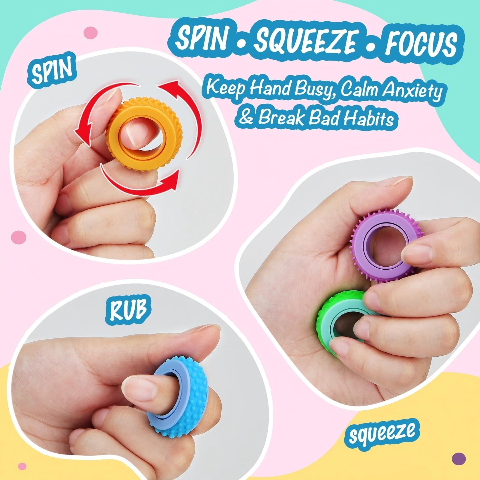 Fidget Ring Toys dla dorosłych i dzieci – 72 sztuki sensorycznych Fidget Spinner z 6 teksturami, bezgłośna zabawka w przypadku stanów lękowych, dla autyzmu ADHD, pomoc w koncentracji, do szkoły i