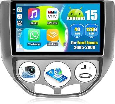 [4G+128G] Car Radio for Ford Focus 2005-2008 with Wireless CarPlay Android Auto,9 inch Touchscreen Android 15 Ford Focus Car Stereo with WiFi,GPS Navigation,Bluetooth,FM/RDS SWC EQ+Backup Camera