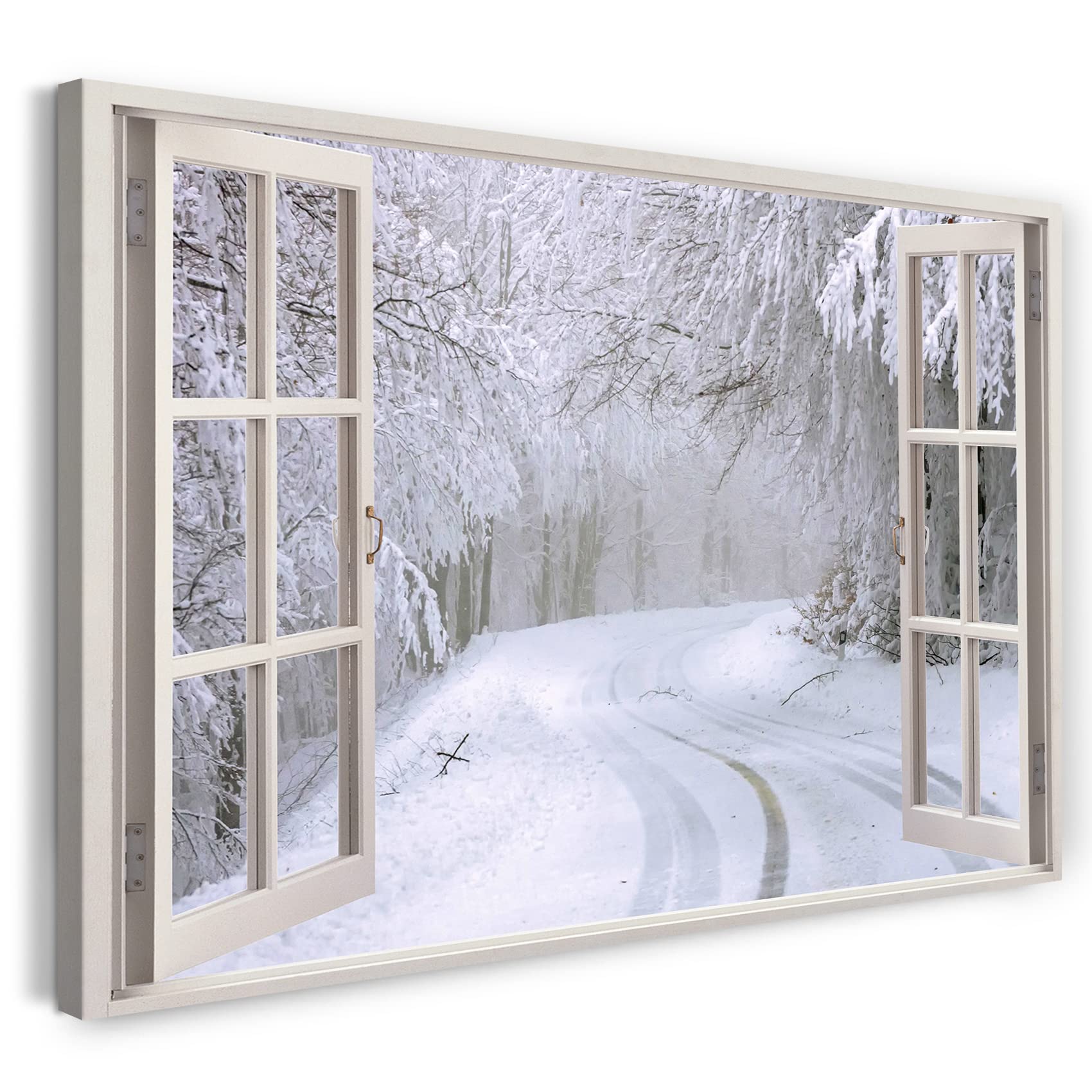 Printistico #01 Print On Canvas (120X80 Cm) View From The Window - Road In The Forest Winter Nature Snow - Nature Photography, Real Wood Frame With Hook