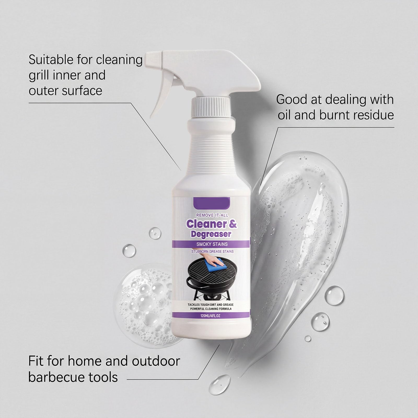 Detergente spray per barbecue, detergente e sgrassante, detergente ad alte prestazioni per barbecue, rimuove i residui di cibo bruciati e il grasso, per barbecue esterni, forni, friggitrici ad aria