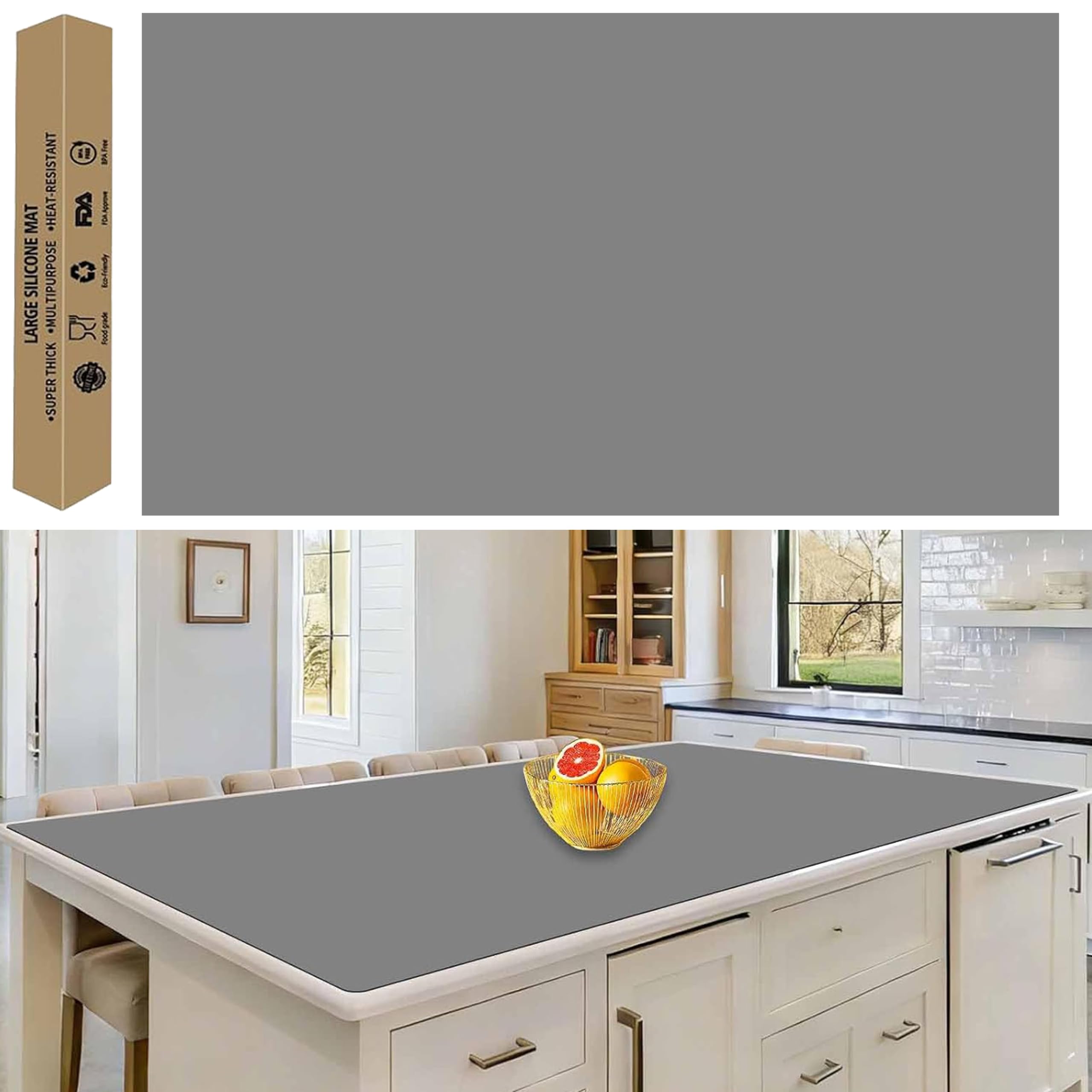 78''x32''(200cmx80cm) Extra Large Silicone Mat for Kitchen Counter, Heat Resistant Countertop Protector, Non-Slip Waterproof Kitchen Island Mat, Easy to Clean, Light Gray