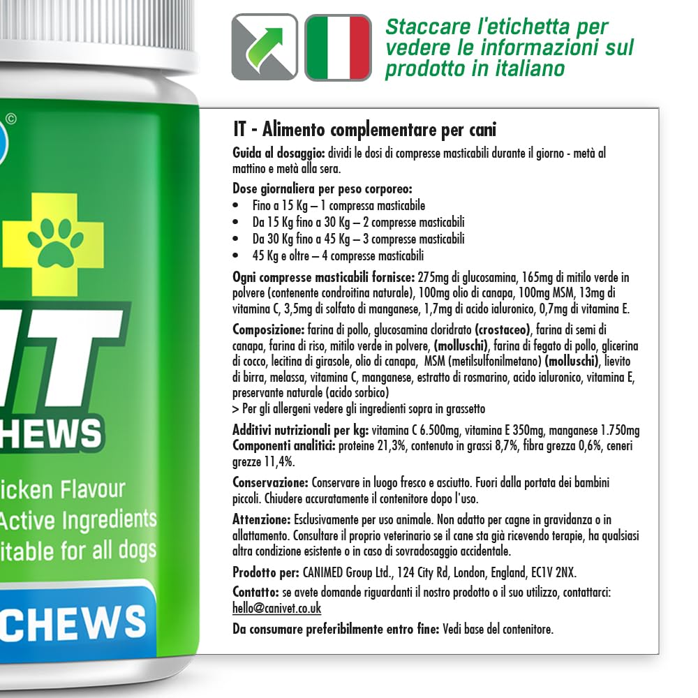 Hip + Joint Cani Articolazioni | 150 x Masticabili | con Cozza Verde, Glucosamina, Condroitina, Olio Canapa, MSM, Acido Ialuronico, Manganese | Integratore Articolazioni Cane Gusto Pollo