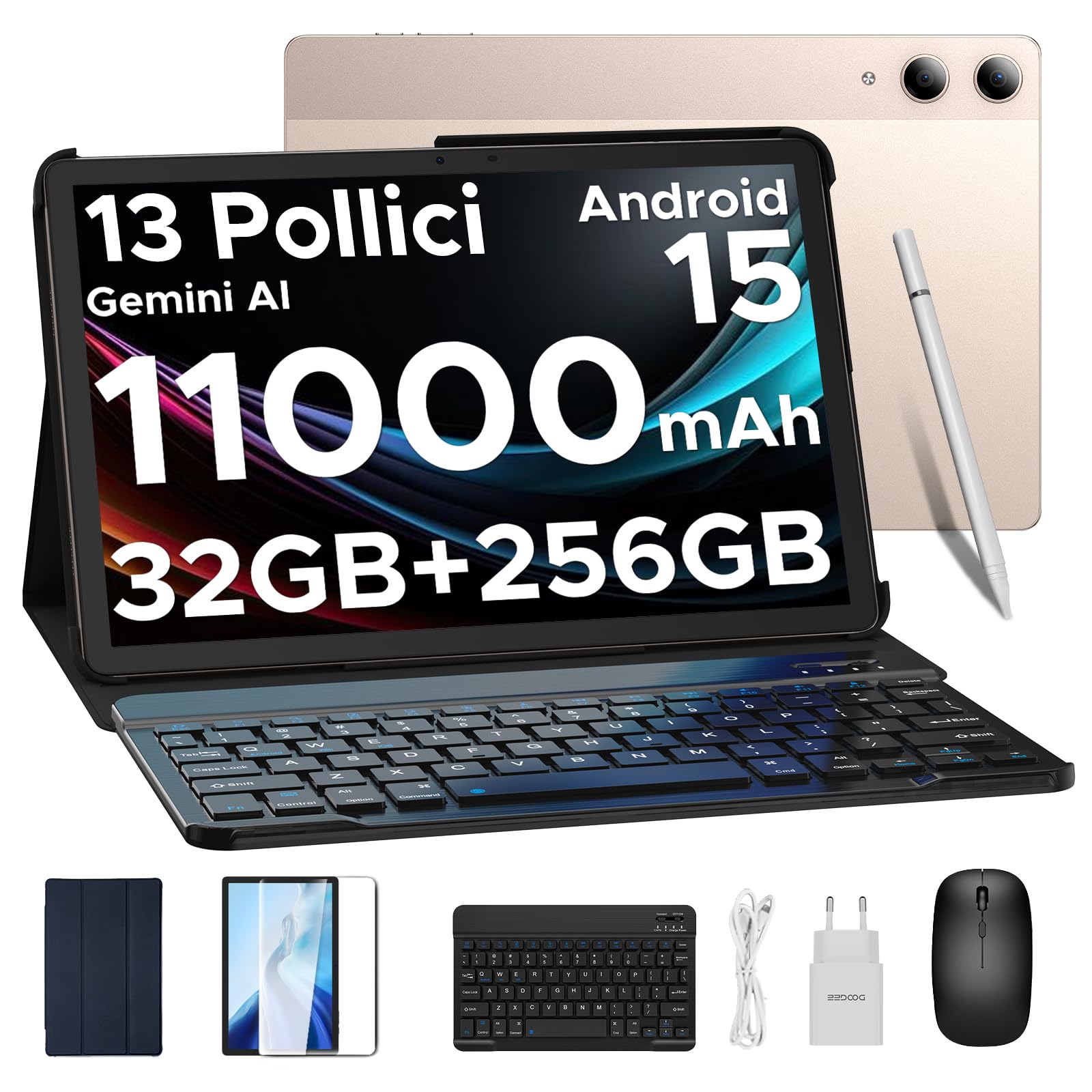 DOOGEE Tab E3 Pro Tablet 13 Pollici Helio G100, Android 15 Tablet con Tastiera 11000mAh 18W 4G LTE Dual Card Slots, 32GB RAM+256GB ROM(TF 2TB), 13MP+ 8MP 90Hz Quattro Altoparlanti, Oro