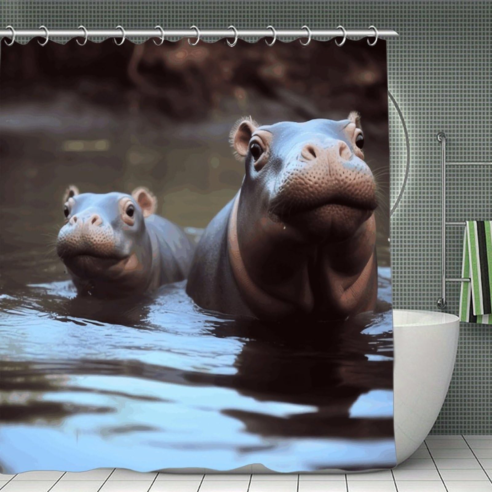 VstaDank Hippos Shower Curtain Waterproof Bathroom Curtain with Hooks Luxury Weighted Bath Curtains for Bathtubs Showers Room Dividers Decorative Shower Curtains 71x71 in