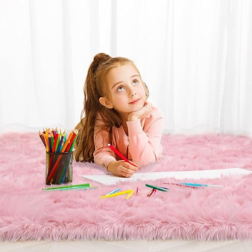 Miniatura 4 de Noahas Alfombras rosas esponjosas para dormitorio de niñas, alfombra de pelo sintético, alfombra larga de pasillo de 2 x 6 pies, alfombra de piel de