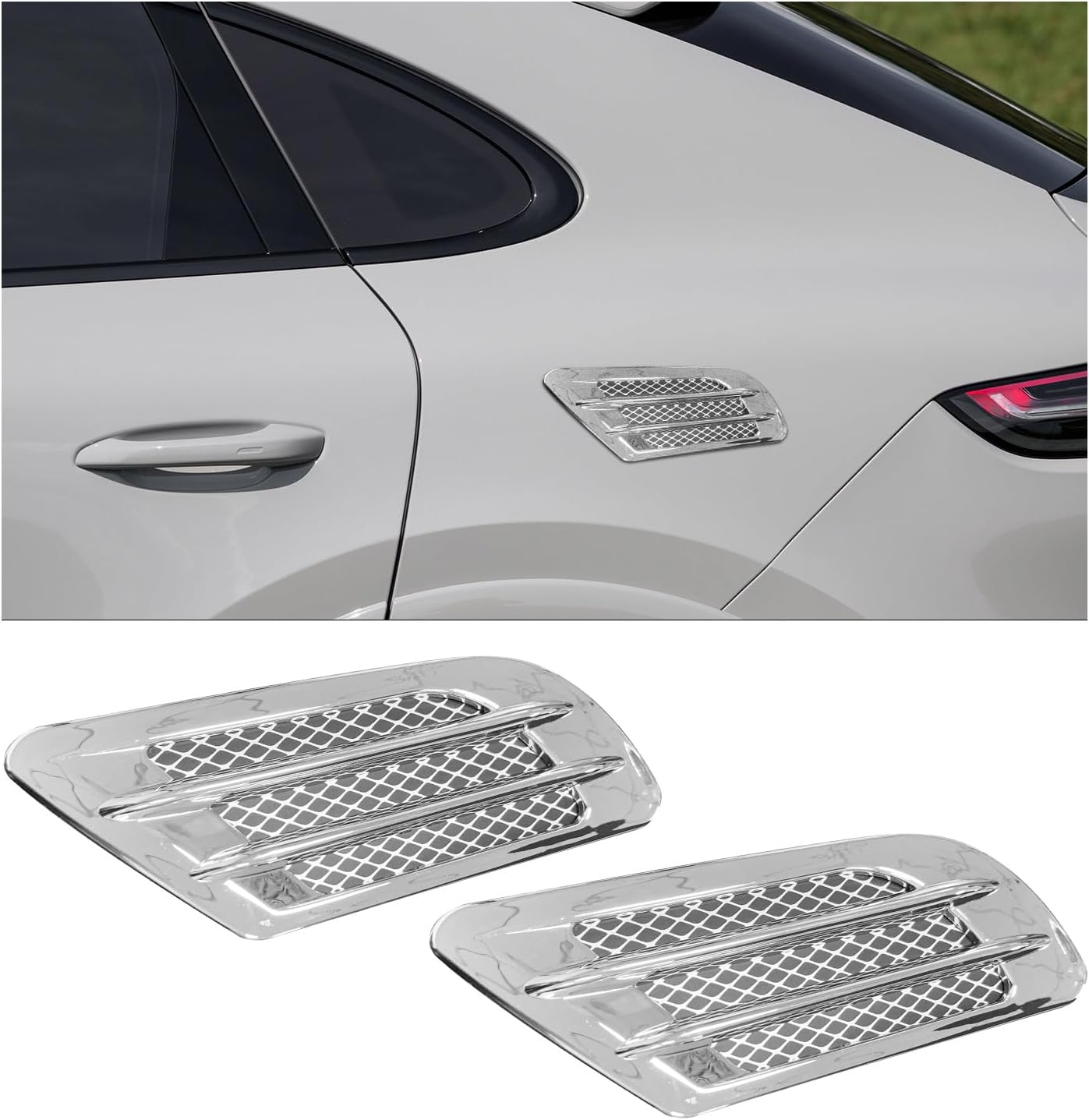 2 PCS Car Side Mesh Vent Air Flow Fender Sticker, ABS Auto Air Flow Bumper Side Vent Decal, Universal Air Flow Fender Decoration Sticker, Vehicle Exterior Decor Accessories (Glossy Silver)