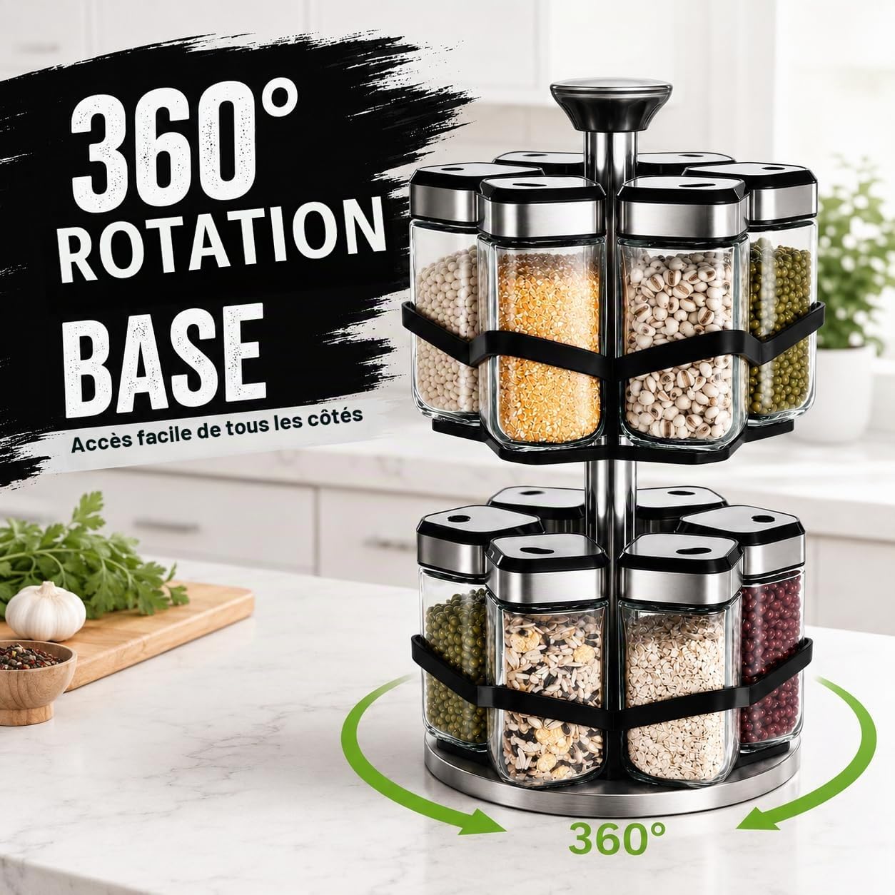 2 Étages Rangement Epices Cuisine avec 12×120ml Pot a Epices Carrés, Trou de Sélection 360° dans le sens Horaire, 360° Tourniquet a Epices, Porte Epices Cuisine pour un Accès Facile aux Épices