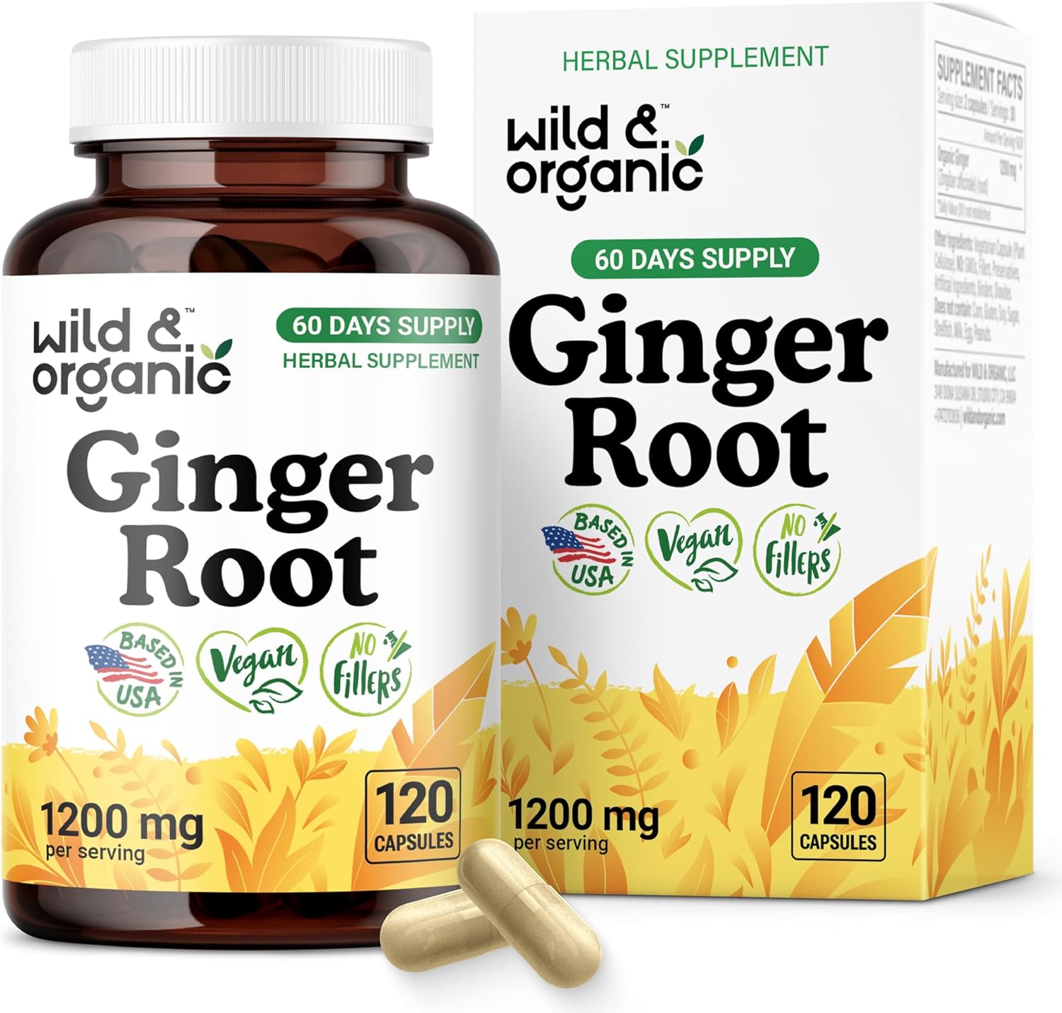 Wild & Organic Ginger Root Capsules 1200 mg – Immune & Digestive Support – Ginger Root Supplement – Zingiber Officinale Powder – 60 Days of Supply – Vegan, No Fillers, Non-GMO – 120 Count