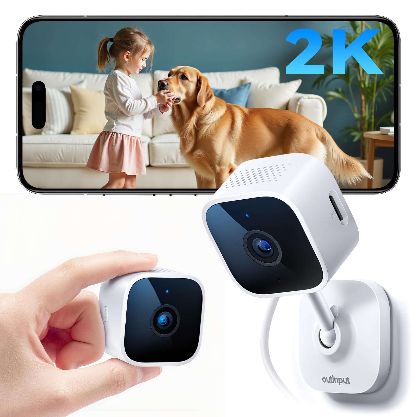 Outinput 2K 3MP Indoor Security Camera, 2.4GHz WiFi CCTV Camera Indoor for Home with Night Vision, Motion & Sound Detection, 2-Way Audio, APP Control, 24/7 Recording No Drill Wall Mount Pet Camera