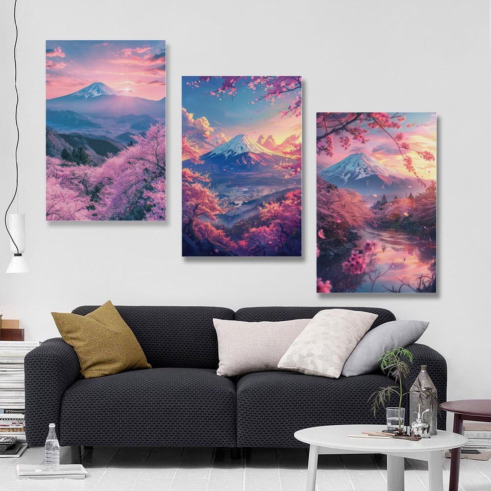 Amazon.co.jp: 3枚 満開の桜と夕暮れ時の美しい富士山の眺め 絵画