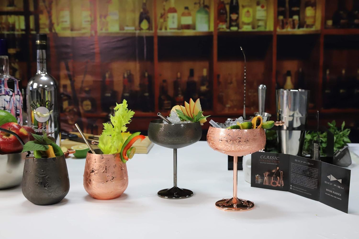 Sky Fish Stemless Stainless Steel Etching Wine Glasses,18 oz Black Plated,Set Of 4 - Image 4