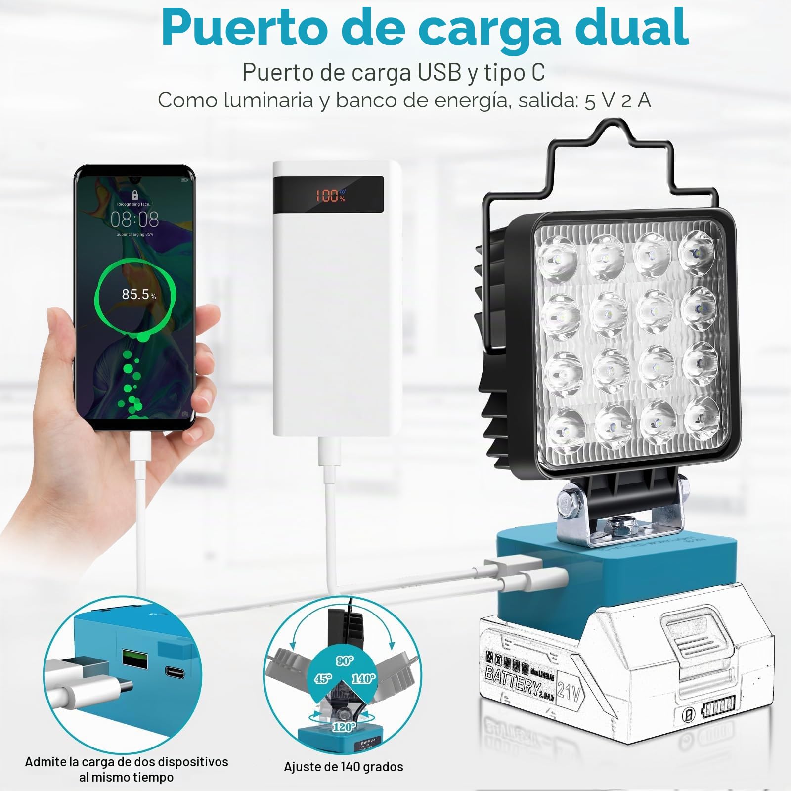 Lámpara con Batería para Makita 18/21 V, 48 W, 2 Ajustes de Brillo, Luz de Trabajo LED Inalámbrica con Bateríe, 4800 LM, Foco LED Portátil, Lámpara con Tipo C y Carga USB (sin Batería)