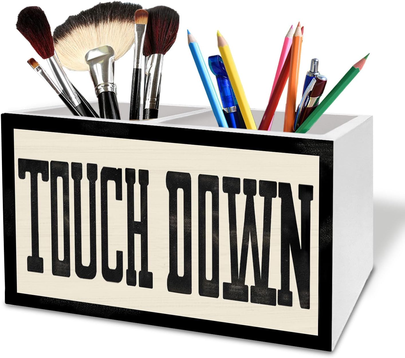 Vintage Football Touchdown Pen Holder for Desk, Football Lover Fan Gifts Wooden Box Sign Desk Decor for Home Office Decoration, Black and Beige Game Day Pencil Organizer
