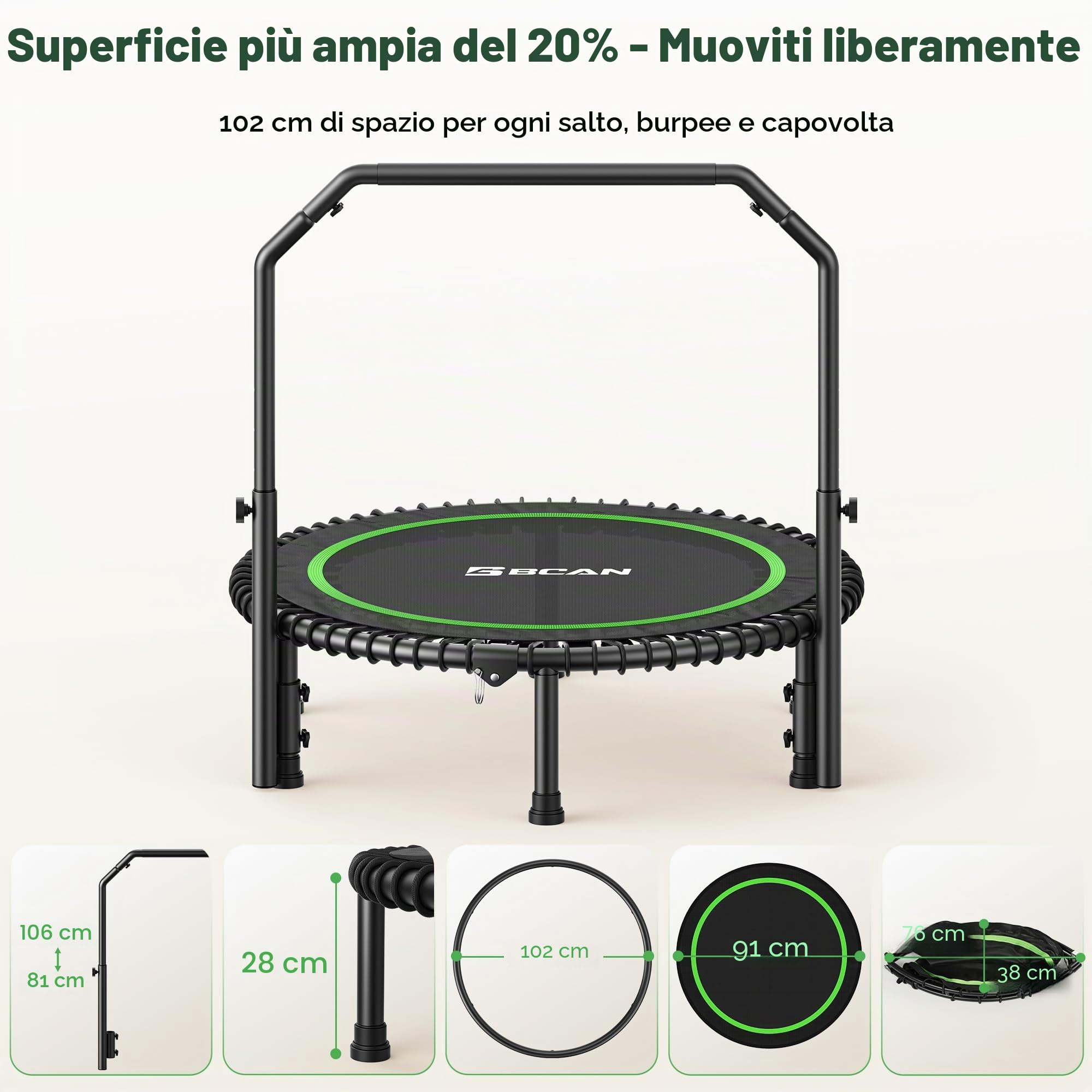 Trampolino elastico BCAN 102/122 cm per adulti, capacità di carico 204/250 kg, elastici, maniglia regolabile, stabile, silenzioso, per interni/esterni, allenamento completo del corpo, relax a casa