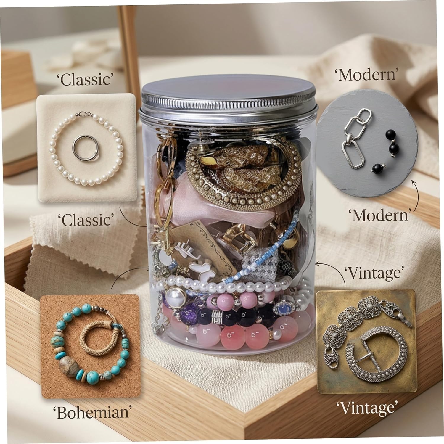 Generico Barattolo misterioso per gioielli Set di gioielli in argento casuali in lega da 30 pezzi (orecchini,collane,anelli) Barattolo trasparente con coperchio per rega (argento e dorato (2PCS))