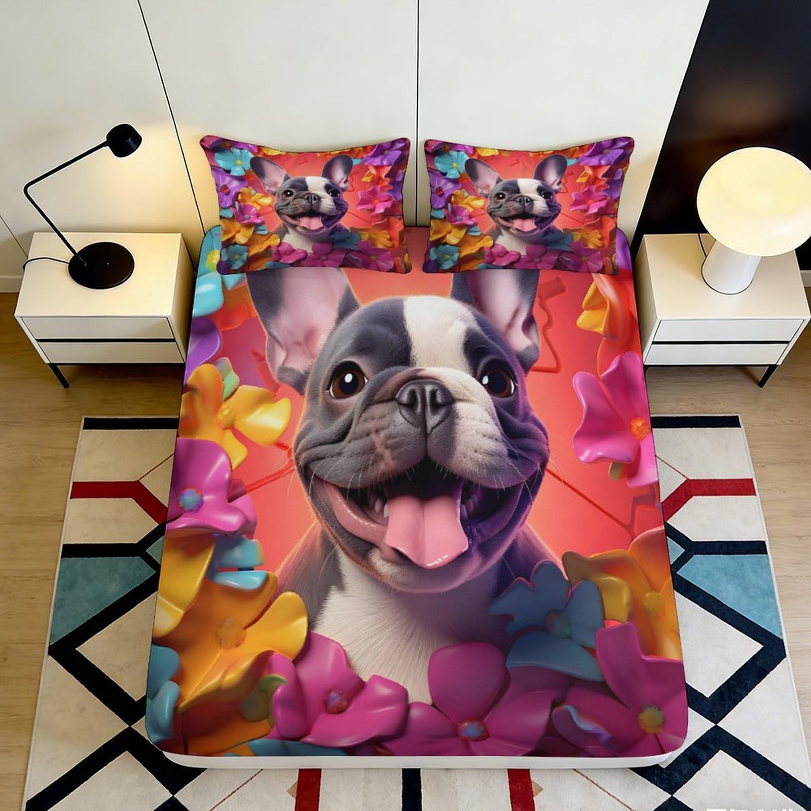 3D Printed French Bulldog Fitted Sheet Microfiber Vibrant Floral Bed Cover for Bedroom Dorm Mattress Protection Decor 90x200x25cm