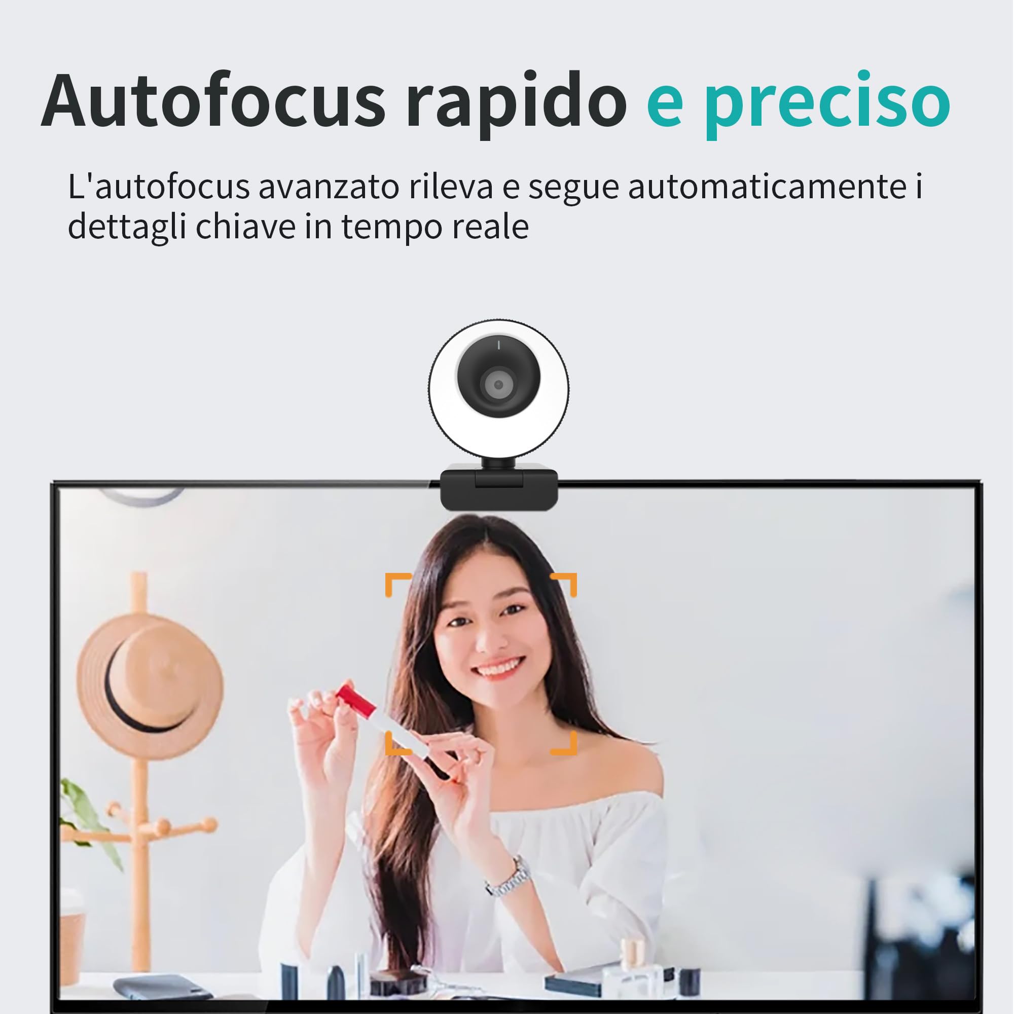 Webcam 1080P 60FPS con Microfono, Ring Light, Autofocus, 3 Modalità di illuminazione con Dimmerazione Continua per Videoconferenze su PC, Mac, Laptop e Tablet