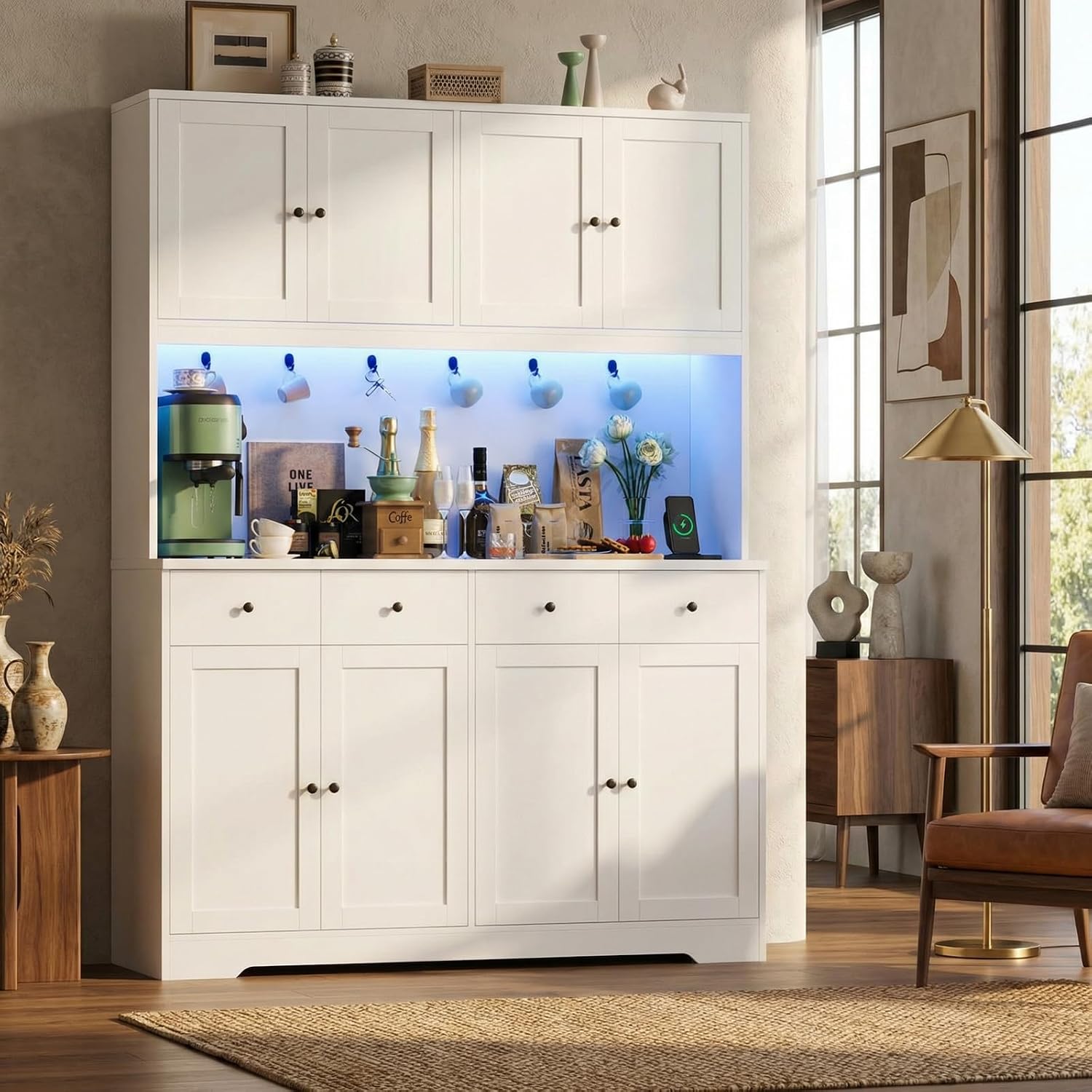HIFIT Kitchen Pantry Cabinet used as a coffee bar in a living room setting