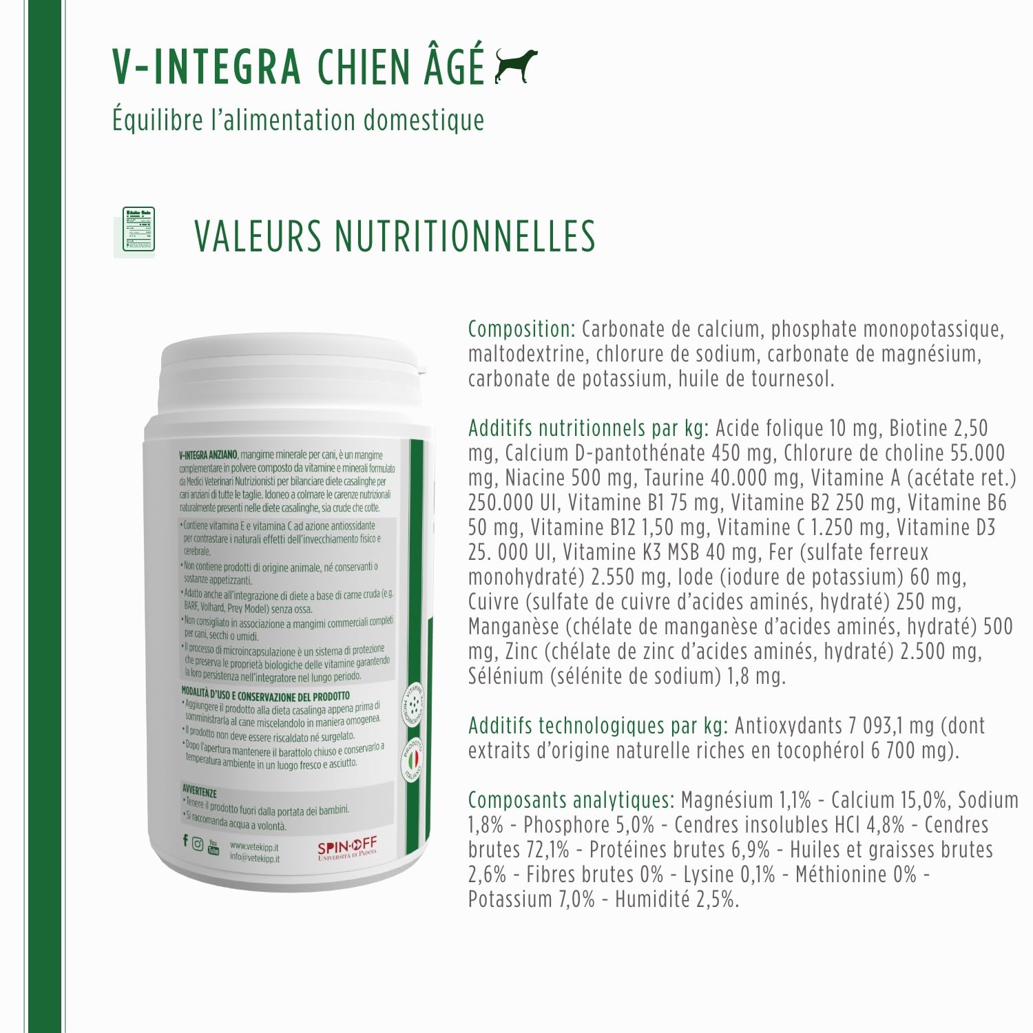 V-INTEGRA Chien Agé - Supplément Complet Riche en vitamines et minéraux pour la Ration ménagère et Barf des Chiens âgés - 200 g - Produit en Italie