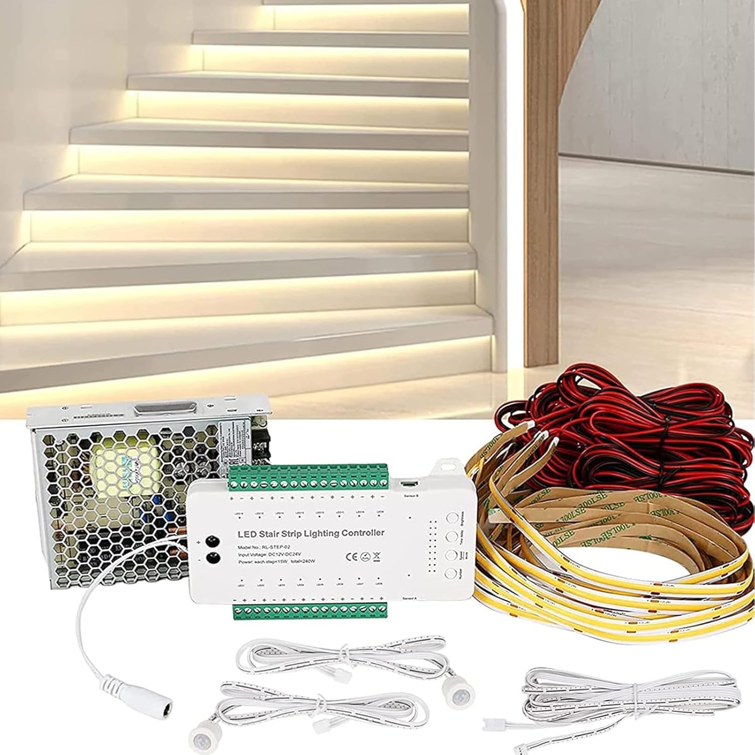 Indoor Stair Light Motion Sensor Wire Complete Set with COB LED Light Strip Automatic Staircase Stairway Light System Cascading Style Stair Light up One at a Time for New Construction