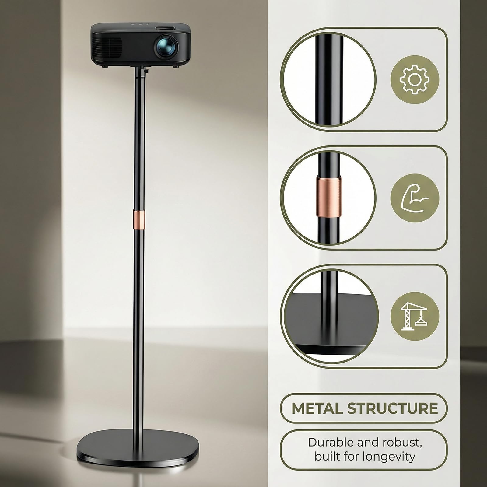 Projector Stand, Soporte Proyector Giratorio de 360° para la Mayoría de los Proyectores, Altura Ajustable de 128 a 164 cm, con Base Resistente para Cine en Casa, Sala de Juegos u Oficina.