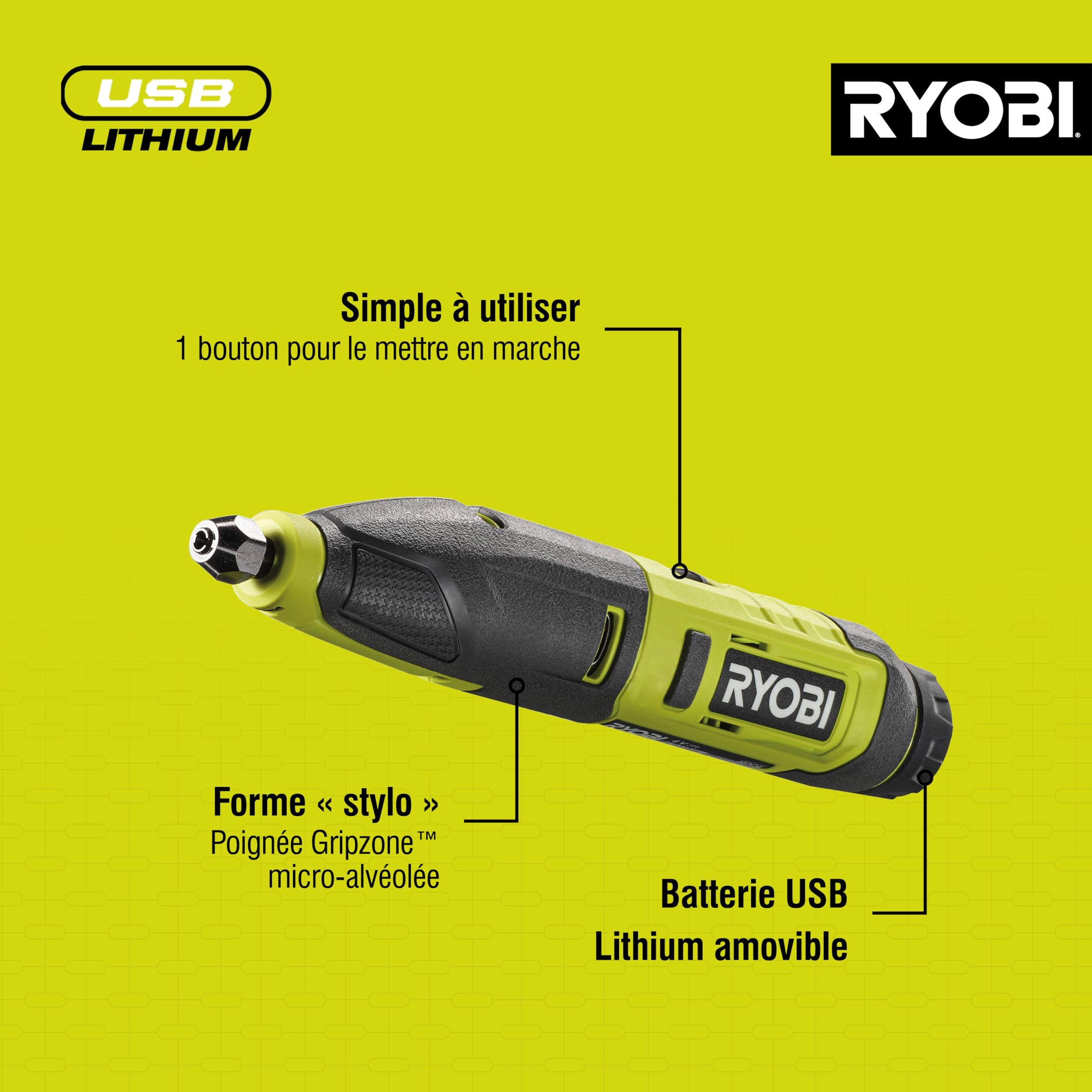 RYOBI - Outil de Sculpture - Ciseaux à bois - 4V USB Lithium RPC4-120G – Vitesse Variable, Précision pour Bois, Métal Léger, Pierre Douce, Gravure Artistique - batterie 2 Ah, câble USB-C, 3 gouges