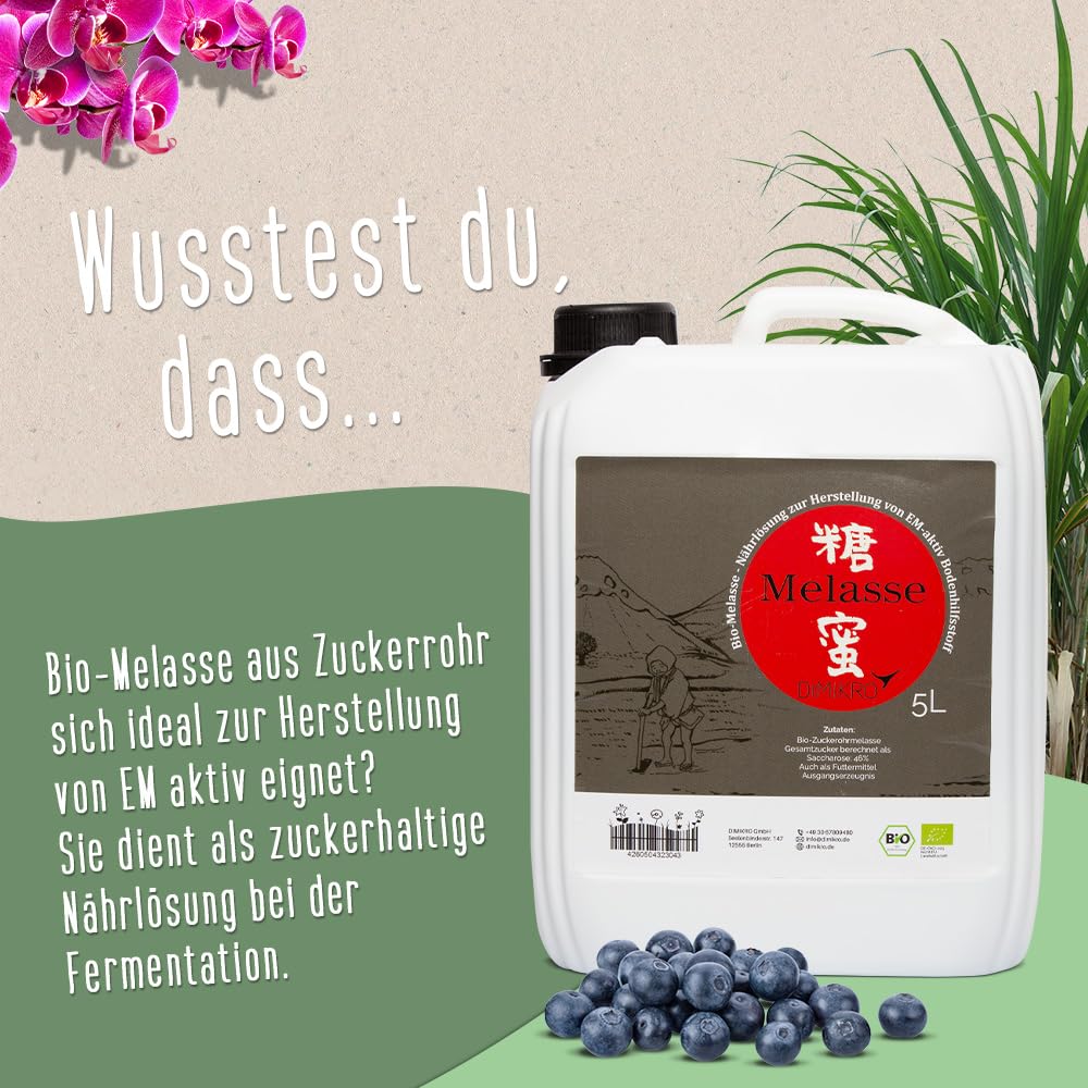 DIMIKRO Mélasse de canne à sucre fabriquée en Allemagne - Qualité biologique - Haute teneur en sucre pour la fabrication de micro-organismes actifs ou additifs alimentaires pour animaux (5 litres)