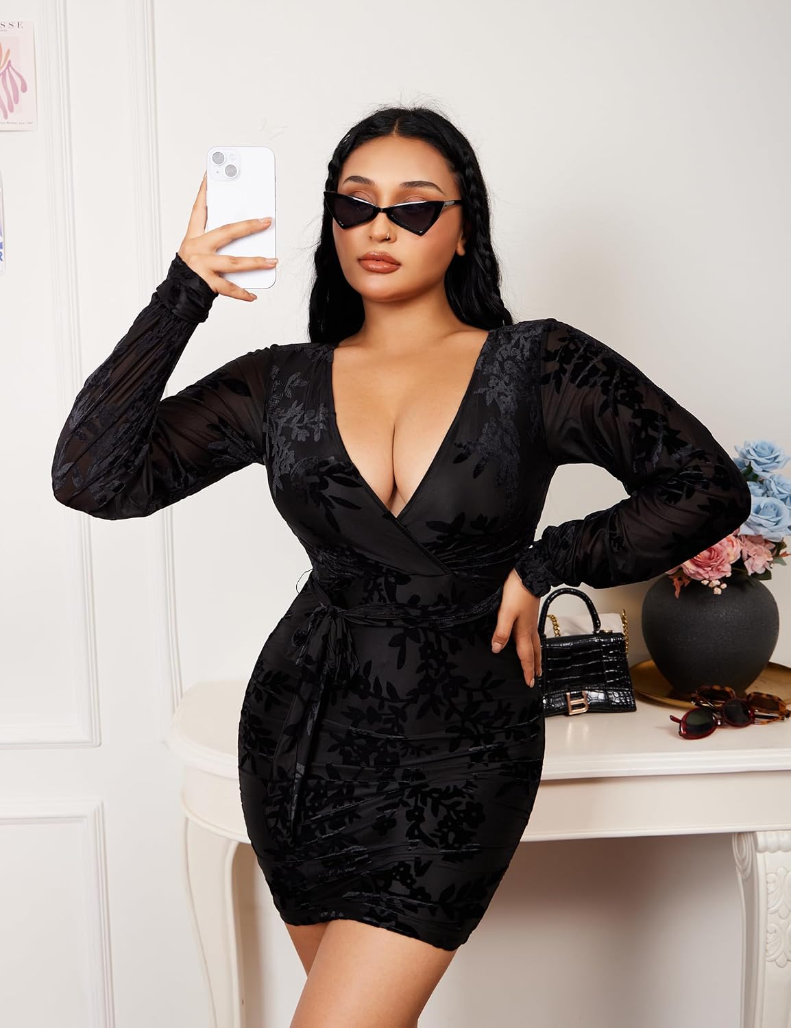 YMDUCH Women Sexy V Neck Long Sleeve Velvet Floral Bodycon Ruched Mini Cocktial Party Dress - Image 3