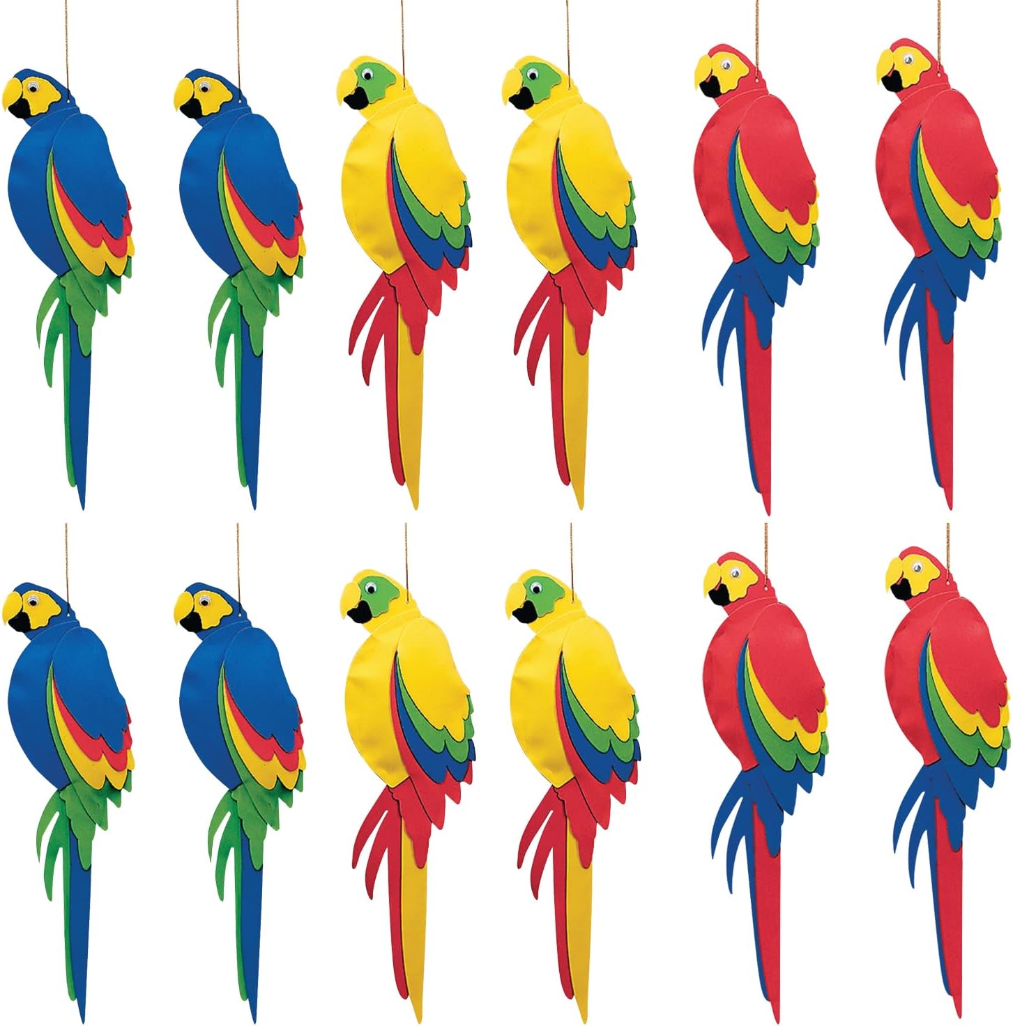 Fun Express 21" Jumbo Multicolored Foam Parrots 12 Pack - Luau Party Decorations Hawaiian Tropical Decor | Tiki Party Supplies for Rainforest VBS Jungle Theme Birthday | Summer Hanging Bird Decor