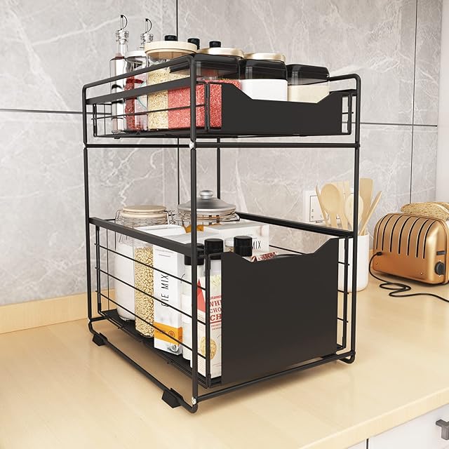 Mocosy 2 Tier Sliding Cabinet Basket Pull Out Organizer Drawer, Spice Rack Sliding Basket Under Sink Storage Rack for Kitchen Countertop Pantry Bathroom Office Desktop(Black)