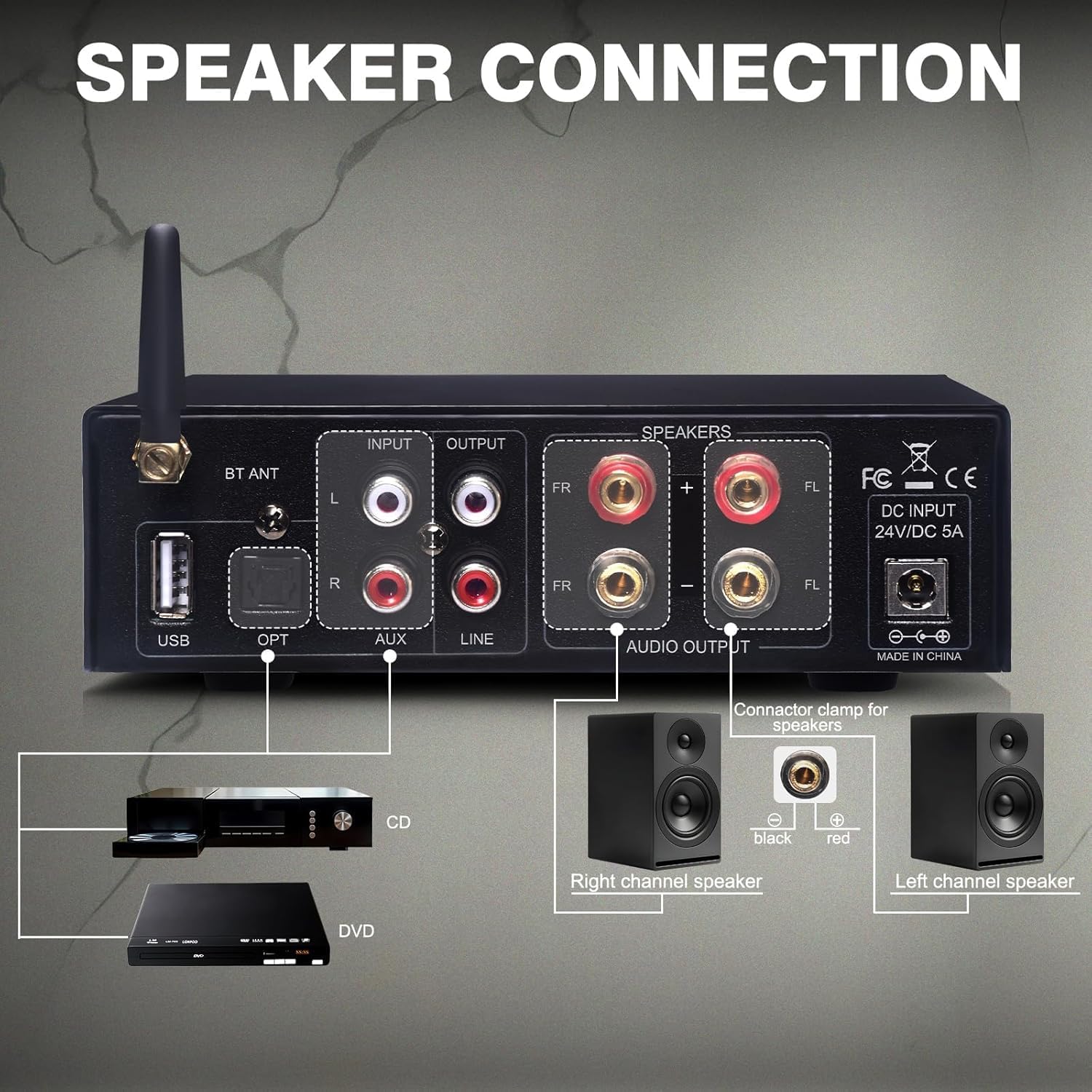 AK3116 Stereo Receivers Amplifier Home Audio, Bluetooth 5.3 Dual TPA3116 Chips Stereo Amplifier 2 Channel 100W x2 Mini Class D Integrated Bluetooth Audio Receiver w/USB AUX Opt Input - Image 3