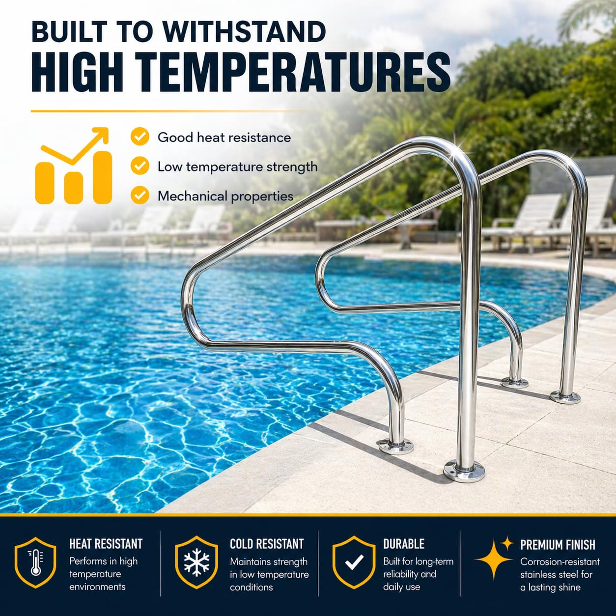 Main courante de piscine en acier inoxydable 316, épaisseur 0,15 cm, argent