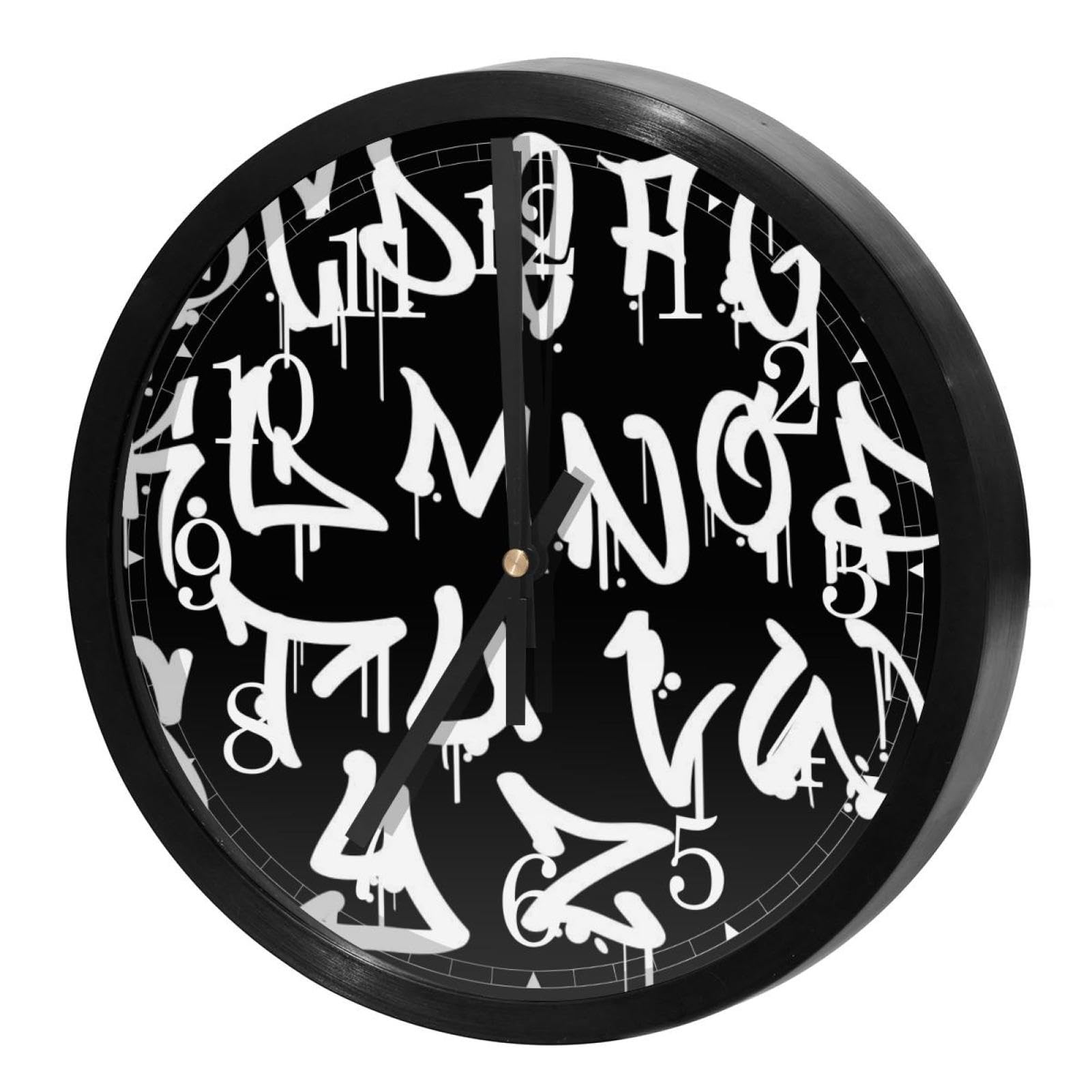 Horloge murale silencieuse pour école et maison avec cadran alphabet graffiti rond