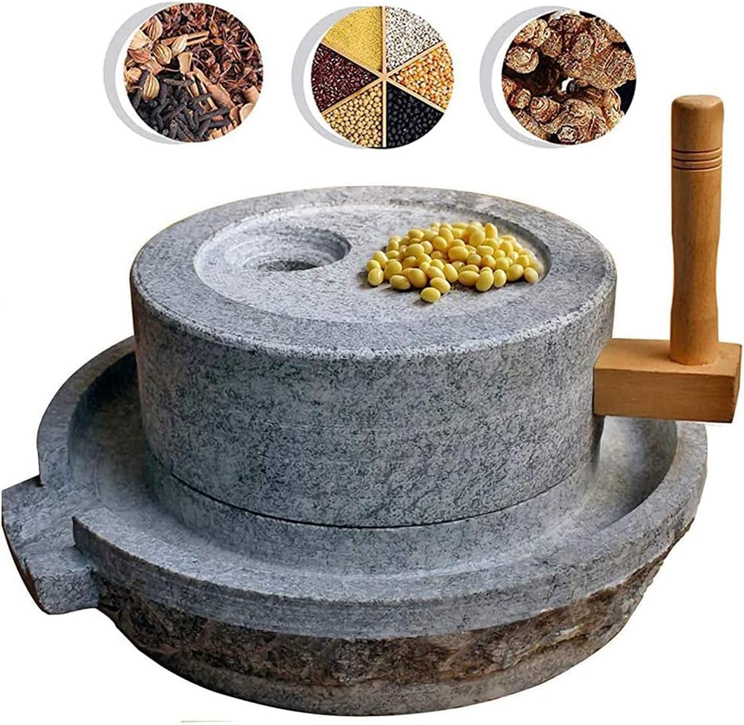 Manual Grain Mill, Stone & Stainless Steel, 30 x 40cm, Grinder for Cereals, Spices, Herbs