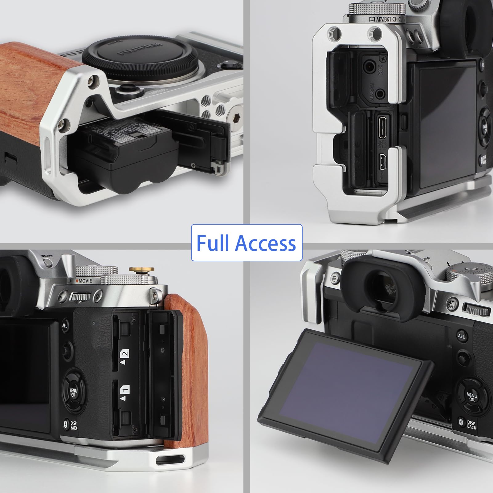 Leftfoto XT5 Maniglia a forma di L con impugnatura in legno per fotocamera Fuj XT5, con piastra a sgancio rapido Arca inferiore integrata, con pulsante di scatto in rame..