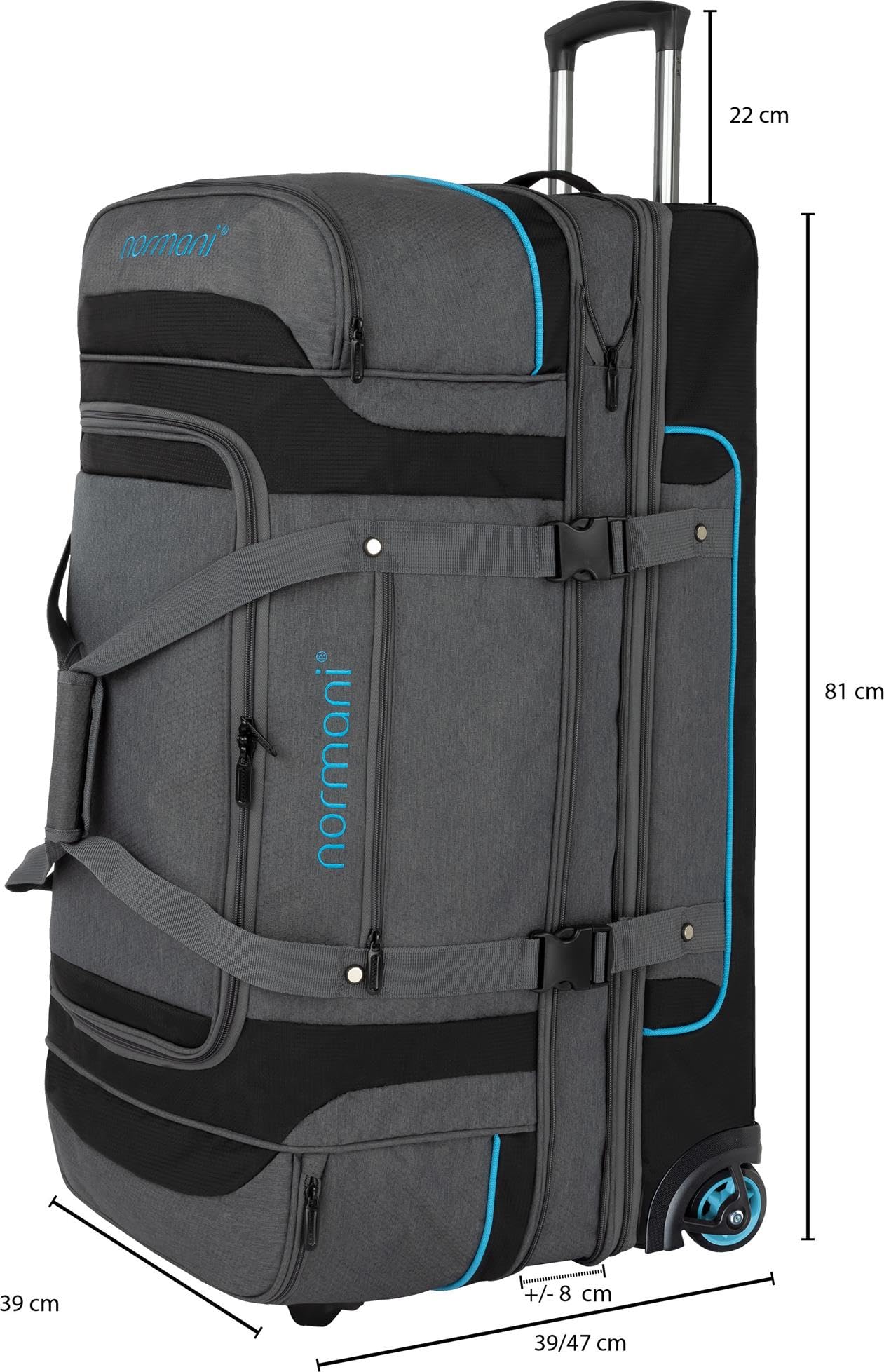 Reisetasche 2-Rad Trolley 120-150 Liter Weichgepäck Travel Bag mit Rollen und 6 Fächern - erweiterbarer Reisetrolley - Rolltasche Sporttasche 81x39x39/47 cm Farbe Grau/Blau Größe 120-150 Liter