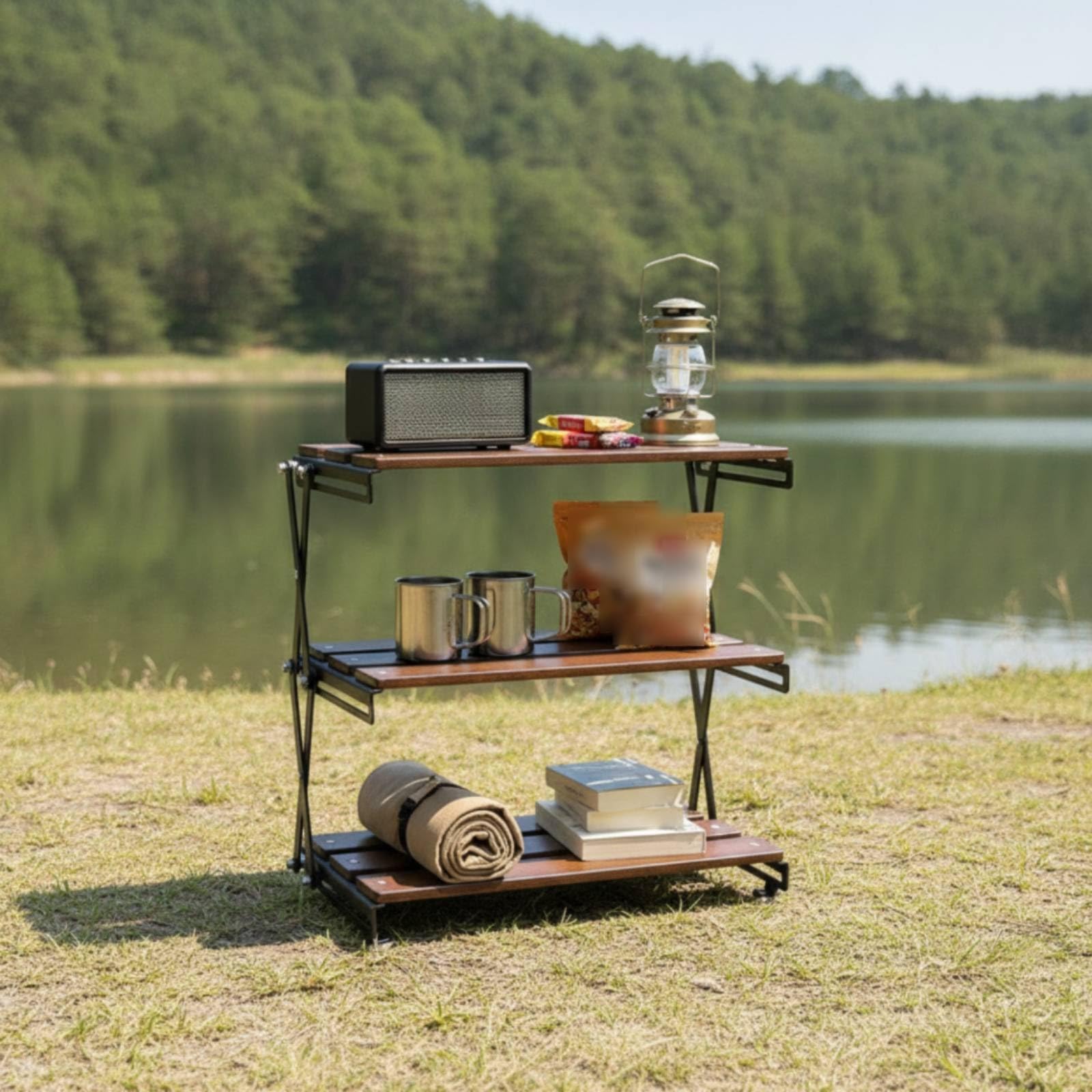 Étagère Camping Portable Étagère Pliante à 3 Niveaux Meuble Rangement Cuisine Camping Pliable pour Campeurs, Pique-Nique, Barbecue, Structure En Bois - Bois De Hêtre À Trois Niveaux