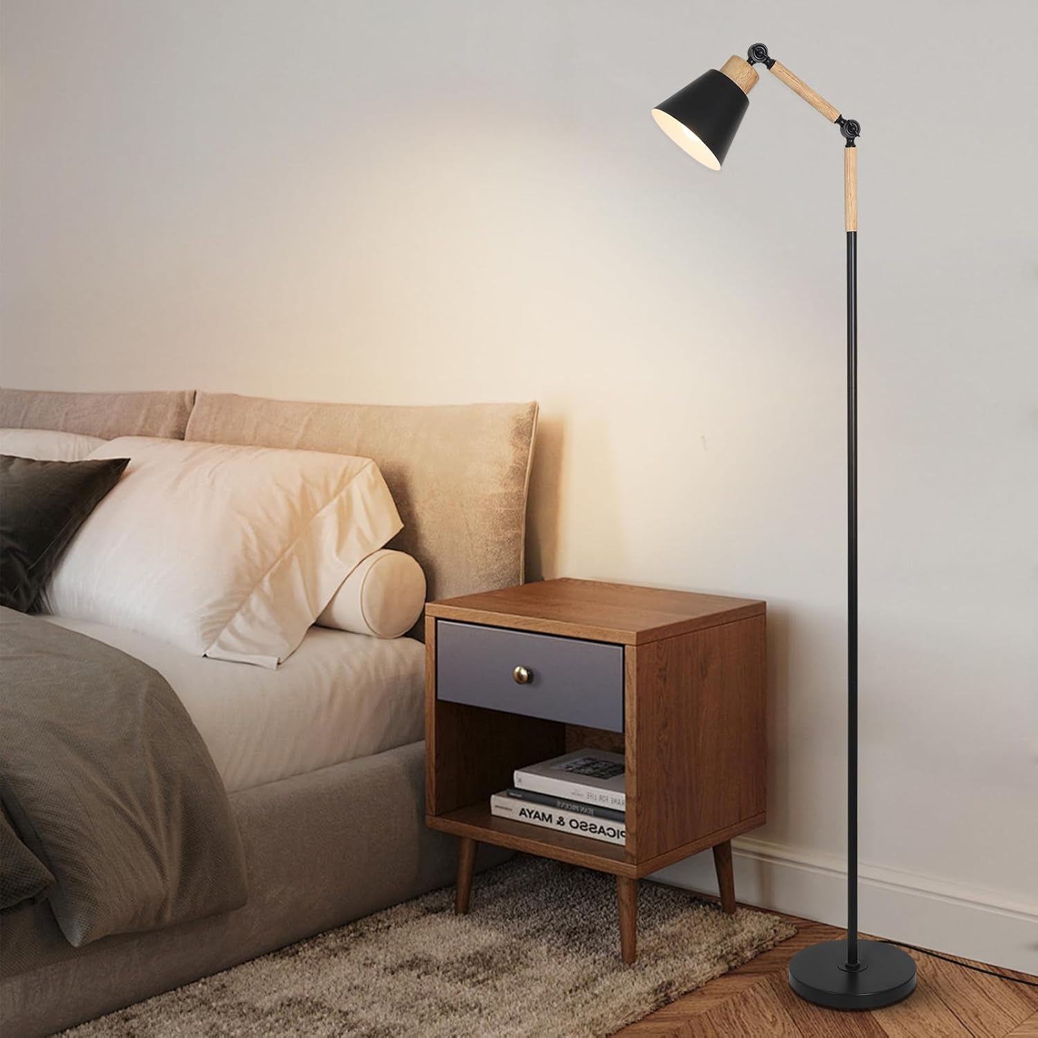 HMVPL Farmhouse Floor Lamp for Living Room, Rustic Standing Lamp with 5W 3000K Bulb, Wood Corner Floor Lamp with Foot Switch, Height Adjustable, Boho Pole Tall Lamp for Bedroom Reading Office Nursery