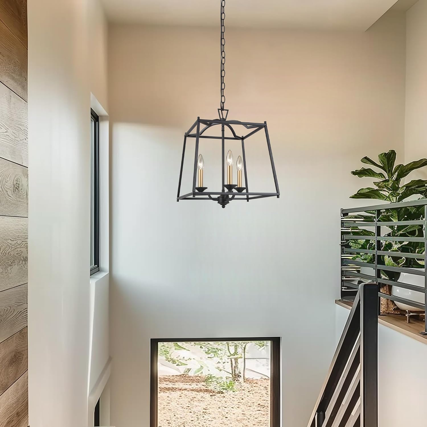 KSANA Black Gold Lantern Chandelier, 3 Light Hanging Light Fixtures for Dining Room, Modern Pendant Lighting for Kitchen Island with Black and Dark Gold Finish