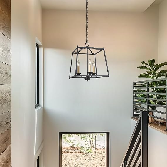 KSANA Black Gold Lantern Chandelier, 3 Light Hanging Light Fixtures for Dining Room, Modern Pendant Lighting for Kitchen Island with Black and Dark Gold Finish