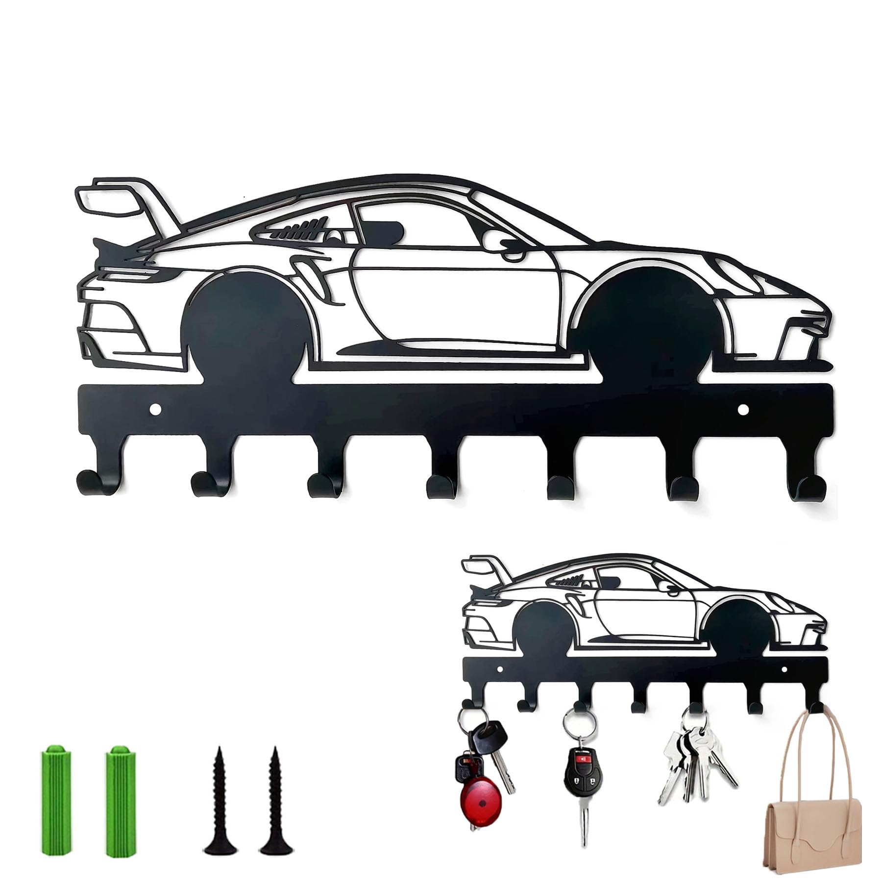 AXXIMENG Wall Mount Race Car Key Hanger Decorative Car Shaped Design Black Towel Coat Hanger Supercars Metal Key Hook Cap Organizer for Living Room Kitchen Entryway Front Door