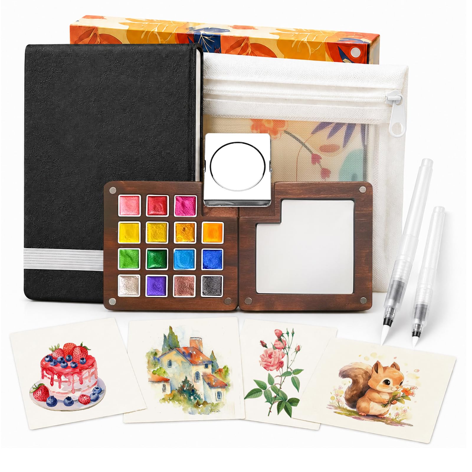 Mini Shimmer Watercolour Paint Set, 15 Colour Glitter Metallic Travel Watercolour Palette Kit with 300GSM Sketchbook, Brush Pens, Clip, Storage Bags, Pocket Art Painting Set for Beginners, Artists