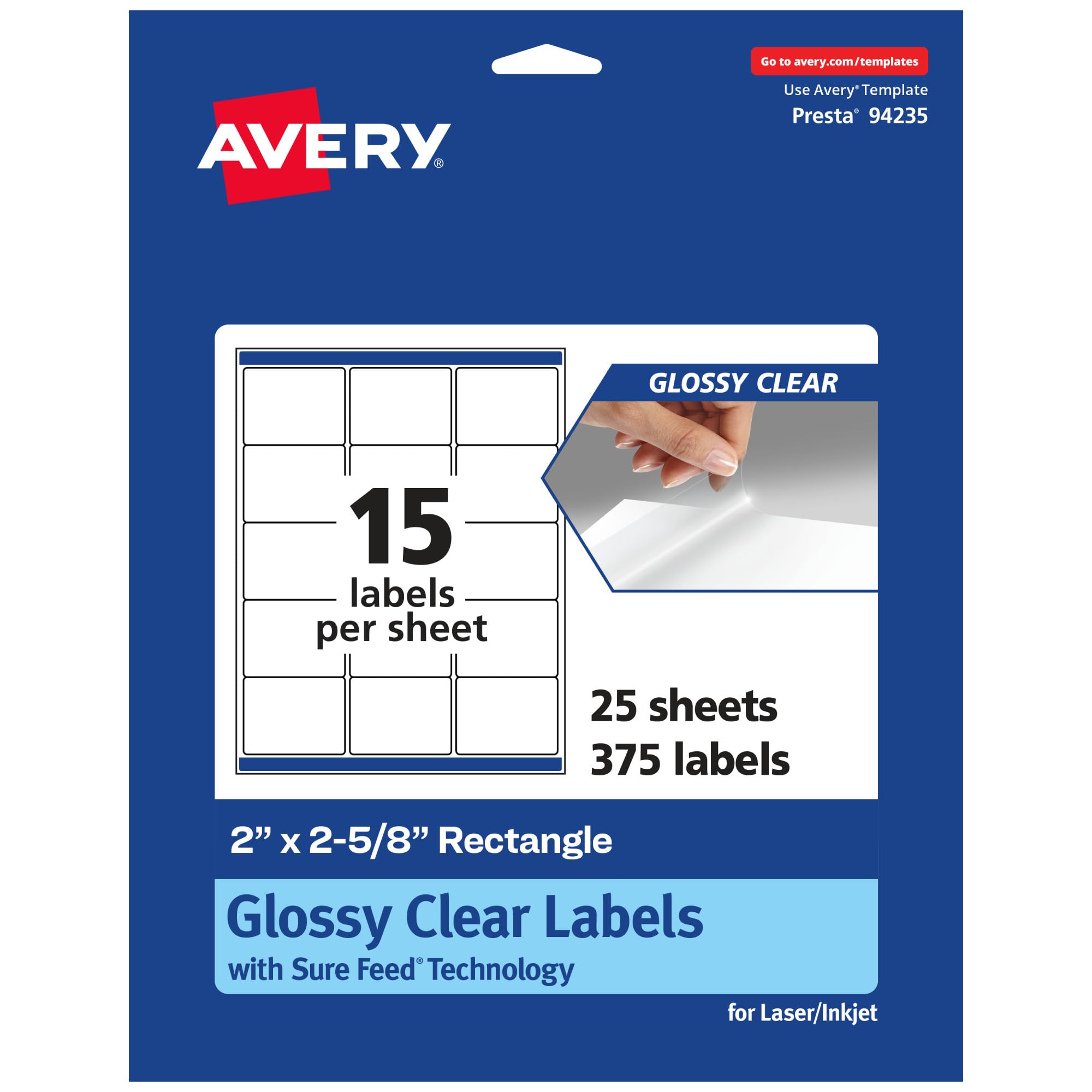 Avery Glossy Clear Rectangle Labels with Sure Feed, 2" x 2-5/8", 375 Glossy Clear Labels, Laser/Inkjet Printable Labels