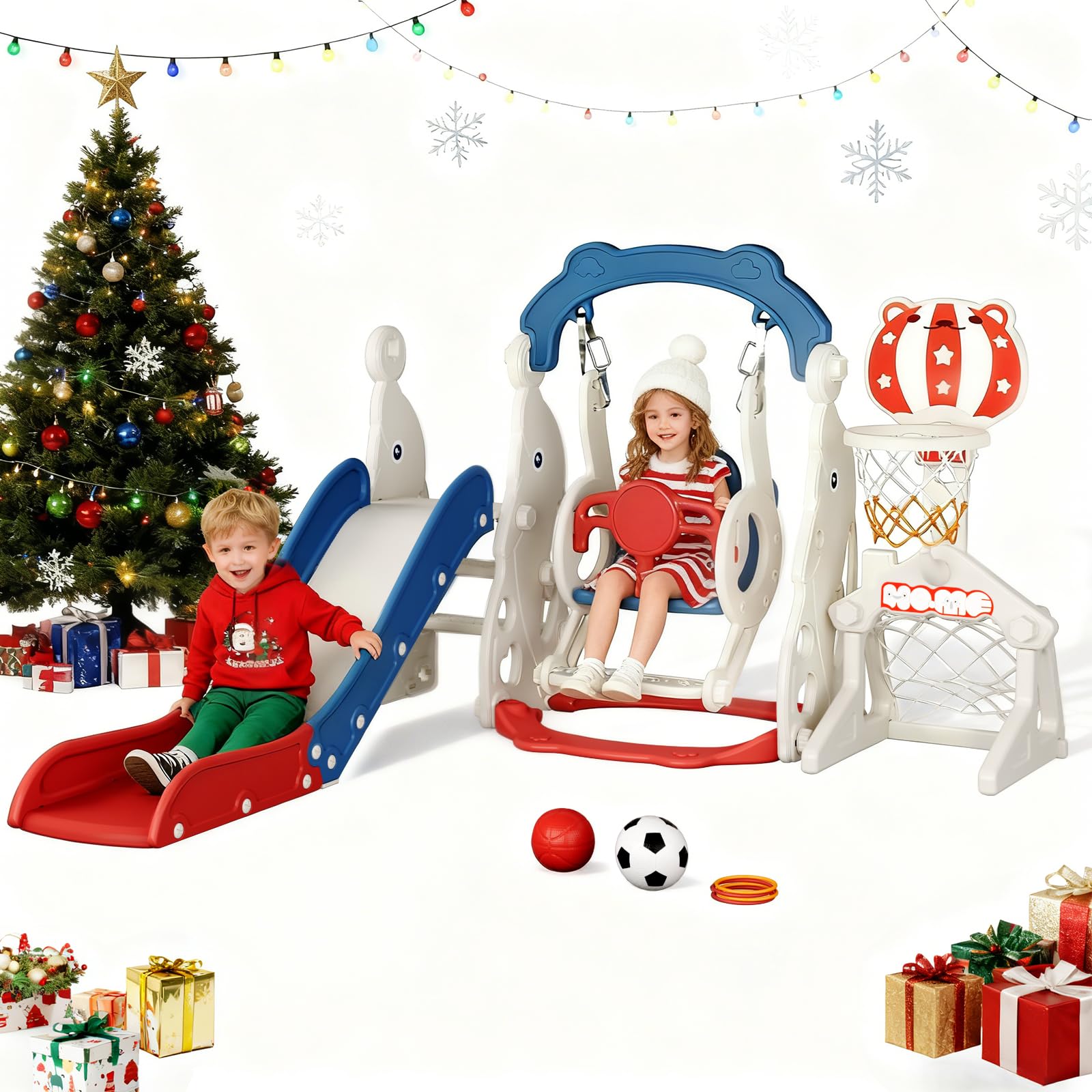 Slide per bambini ispessiti e allargati, scivolo per bambini piccoli indipendente con canestro da basket, attrezzatura per parco giochi con scivolo, scivoli all'aperto (blu rosso-6 in 1)