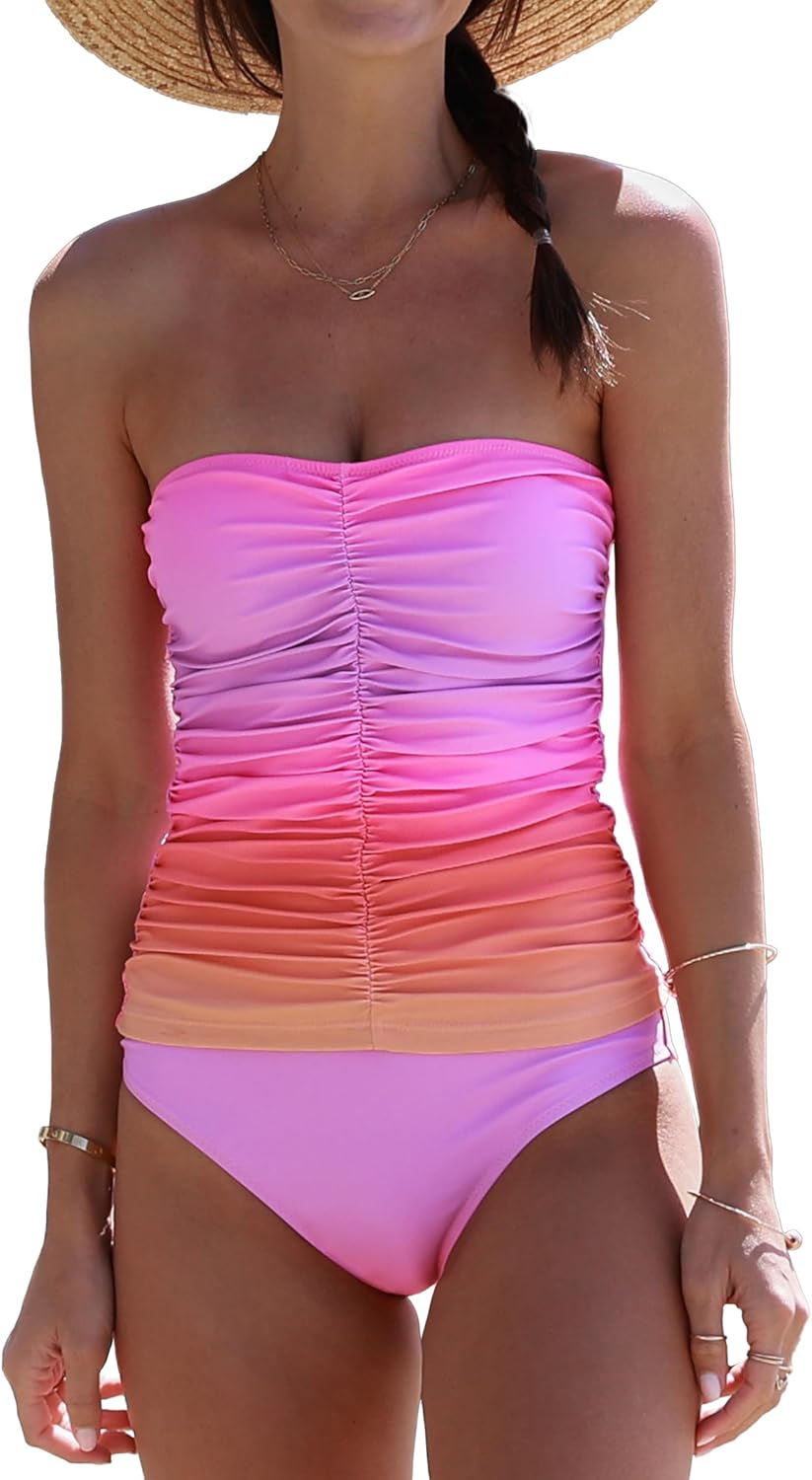 Beachsissi Smocked Tummy Control Gradient Print Tankini Set