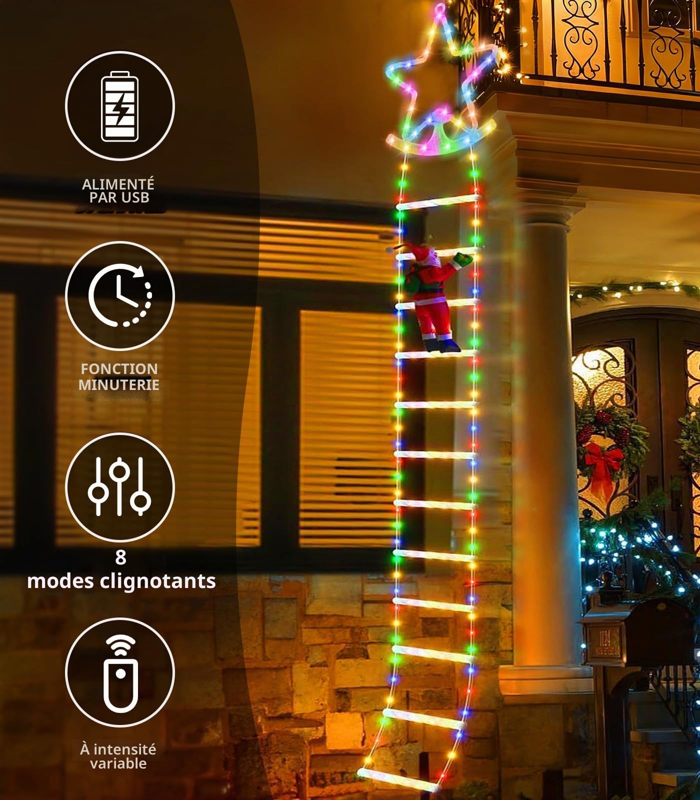 Guirlande Lumineuse Échelle Père Noël, 3 m LED Rideau Lumineux Decoration Noel Etoile Guirlande Lumineuse USB, 8 Modes Christmas Lights avec Père Noël Minuterie Étanche pour Exterieur Interieur