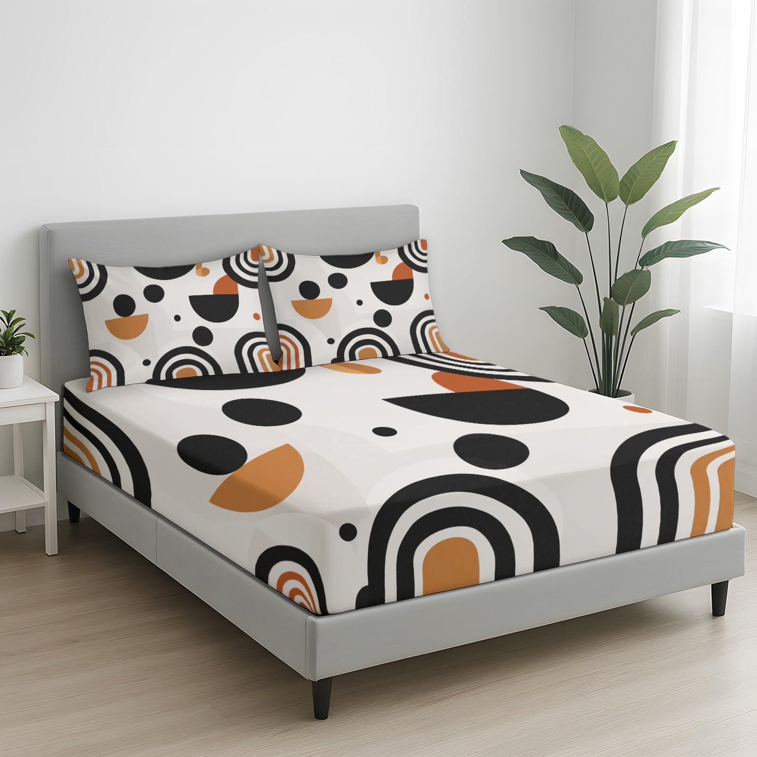 Abstrakt Geometrisch Spannbetttuch Böhmisch Kreis Bogen Linie Spannbettlaken 140 x 200 x 30 cm 3teilig Mikrofaser Bettwäsche Set mit 2 Kissenbezüge 80 x 80 cm Kein Flachbettlaken
