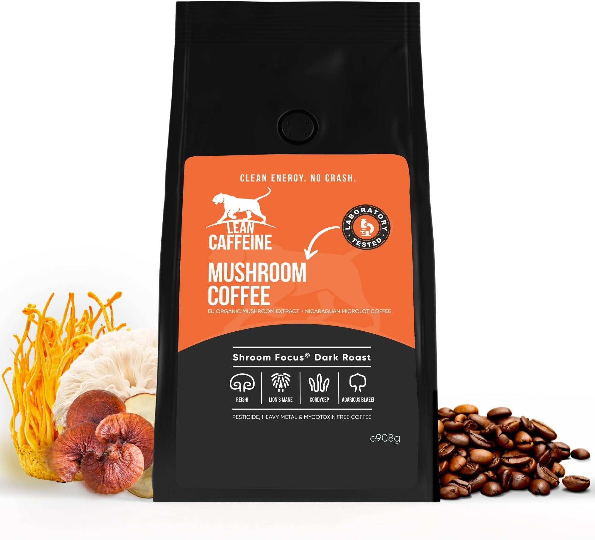 LEAN CAFFEINE Mushroom Coffee Ground - Mushroom Extract Blend With Lion’s Mane, Reishi, Cordyceps & Agaricus Blazei – Dark Roast Caffeinated Coffee – 908g (1 Pack)