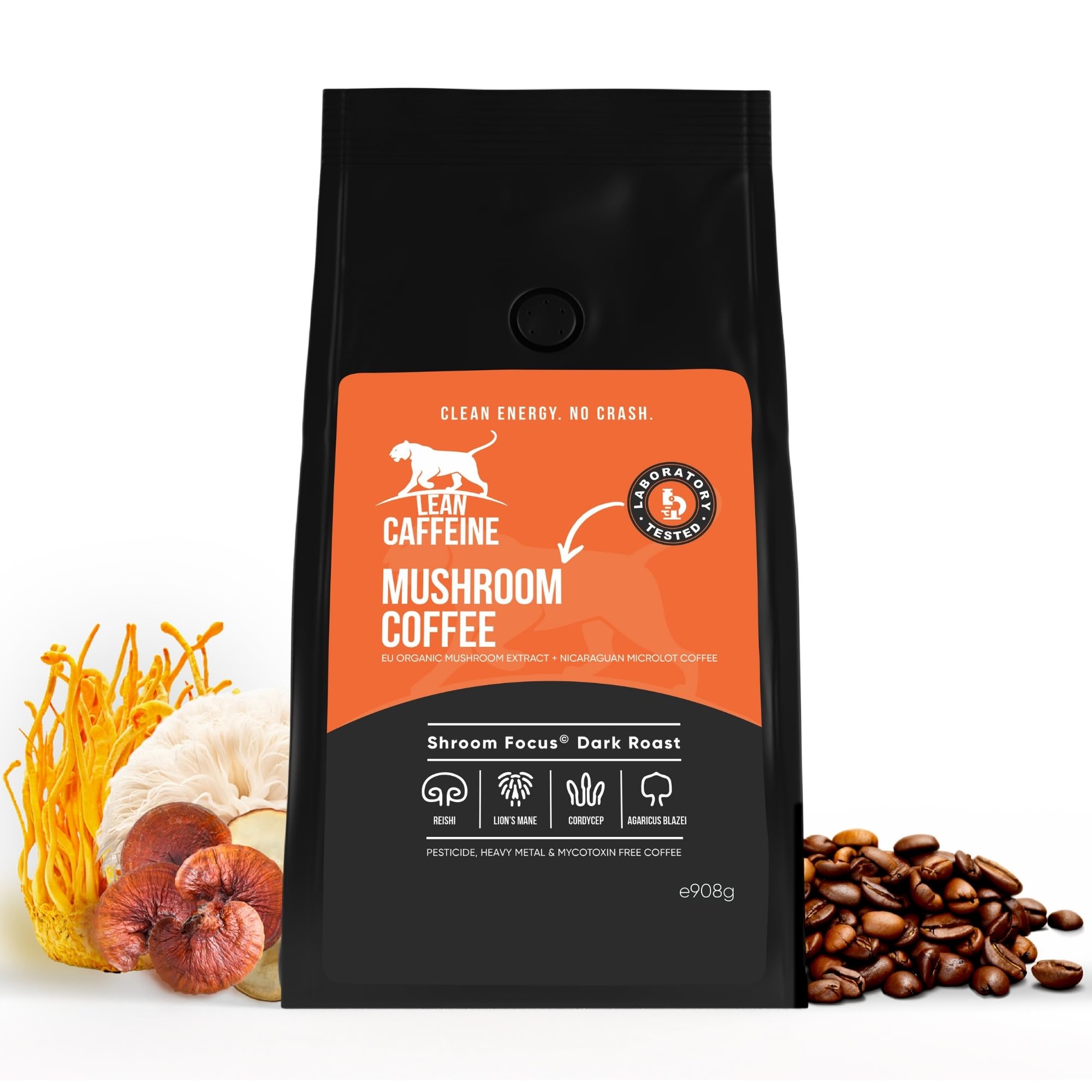 Lean Caffeine Mushroom Coffee Ground 908g - Mushroom Extract Lions Mane, Reishi Mushroom, Cordyceps & Agaricus Blazei Shroom Blend