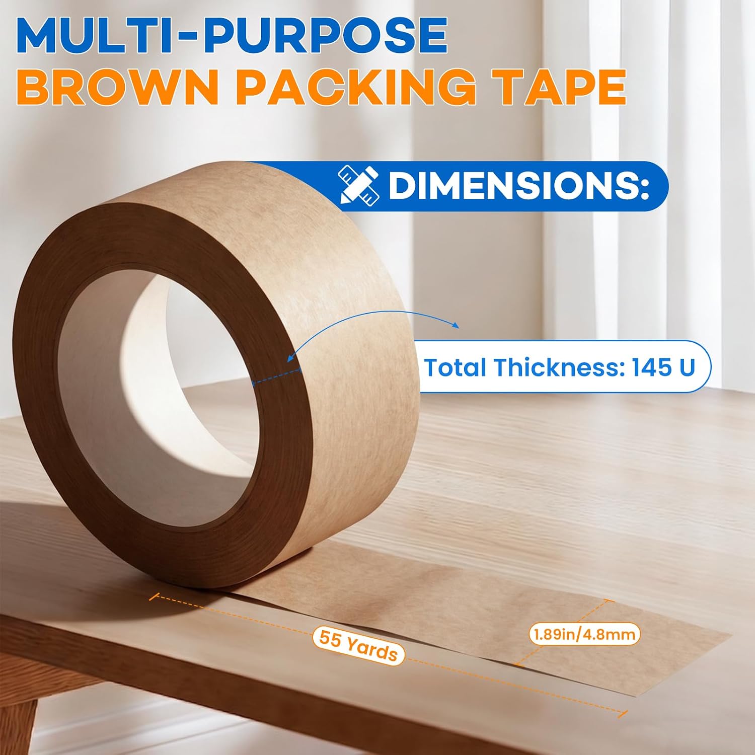 6 Packs Heavy Duty Kraft Paper Packing Tape,2 Inch Wide (1.89 in x 55 Yds),Eco Friendly & Biodegradable, Writable & Uncoated Brown Packing Tape Great for Packaging, Shipping, and Moving image 2
